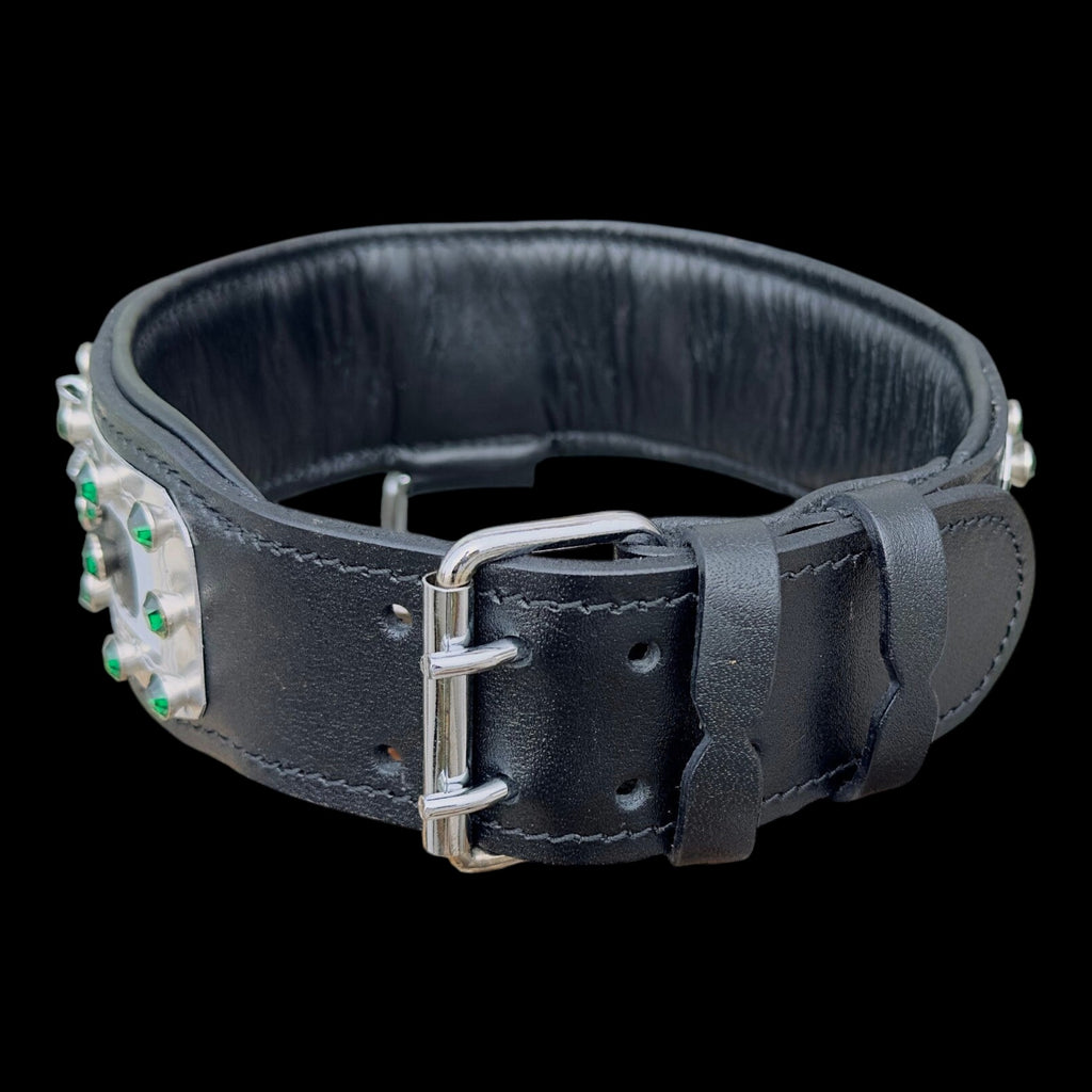 A&C Dog Collars handmade black buffalo leather dog collar featuring silver hardware and green crystal accents.