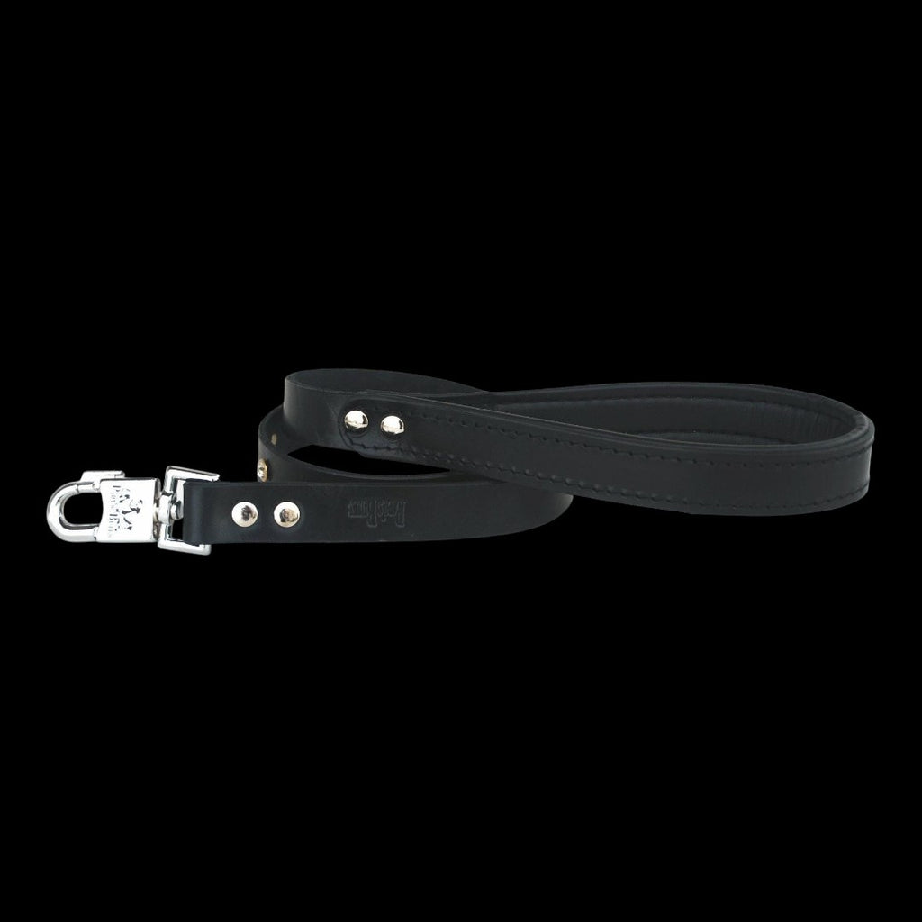 A&C Dog Collars handmade black buffalo leather dog leash with durable stainless chrome hardware and stitched details.