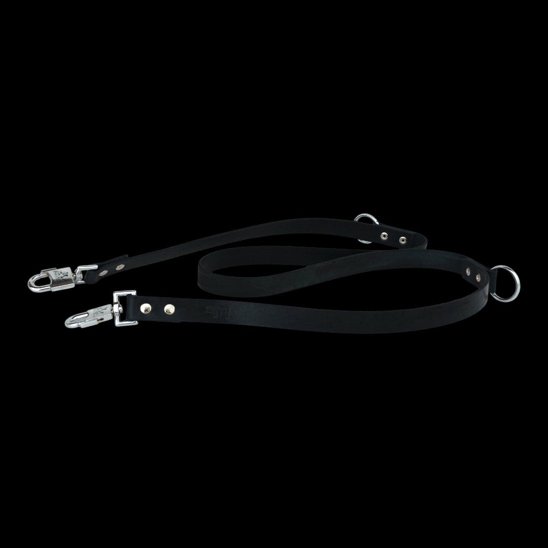 A&C Dog Collars handmade black buffalo leather dog leash with stainless chrome hardware and a sturdy welded D-ring.