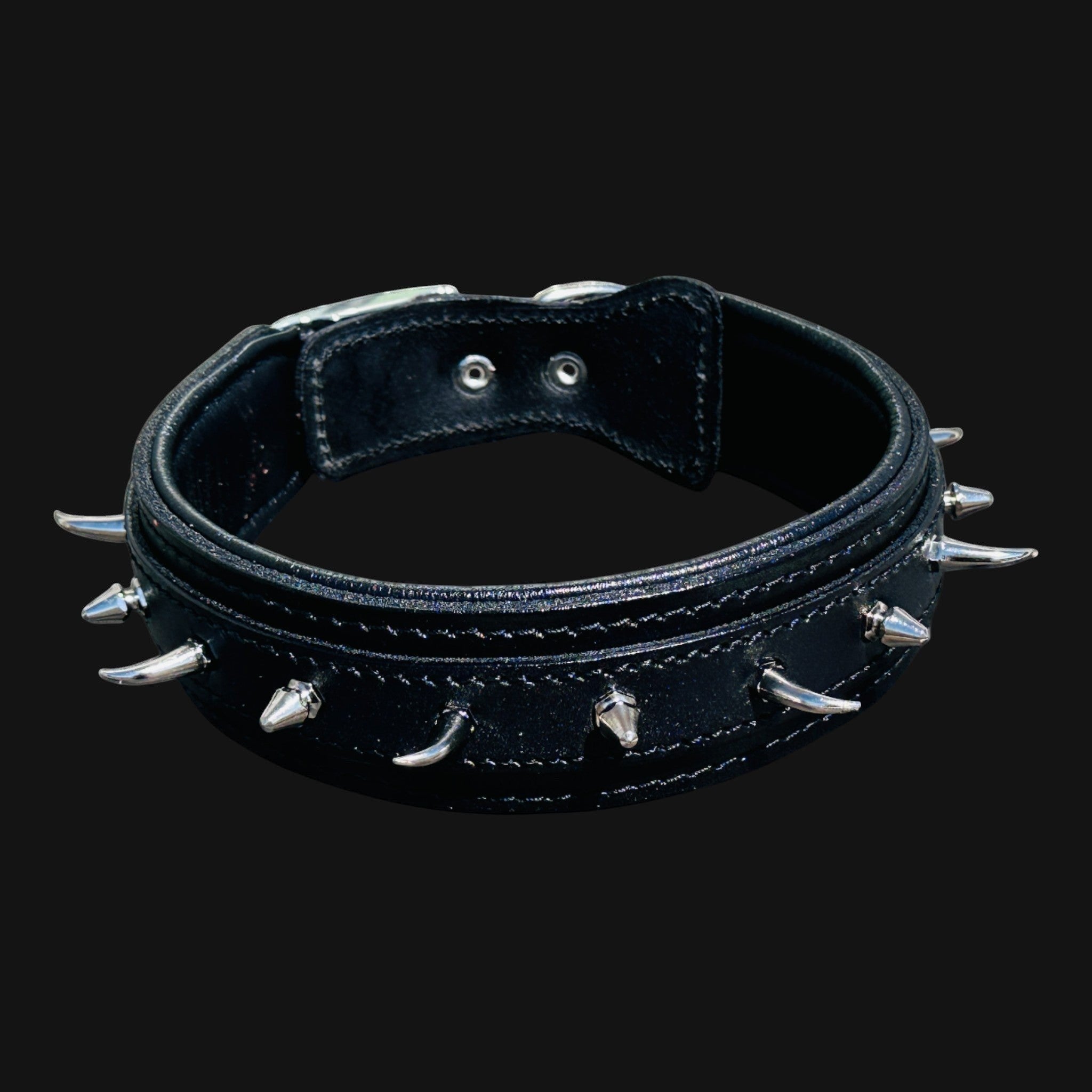 Handmade black leather dog collar with ivory-style spikes for large breeds - A&C Dog Collars
