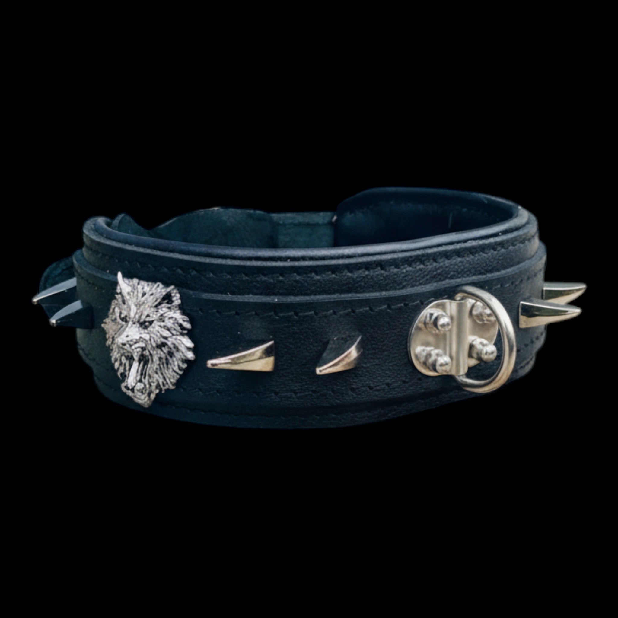 A&C Dog Collars black genuine leather dog collar with wolf emblem and silver spikes for large breeds.