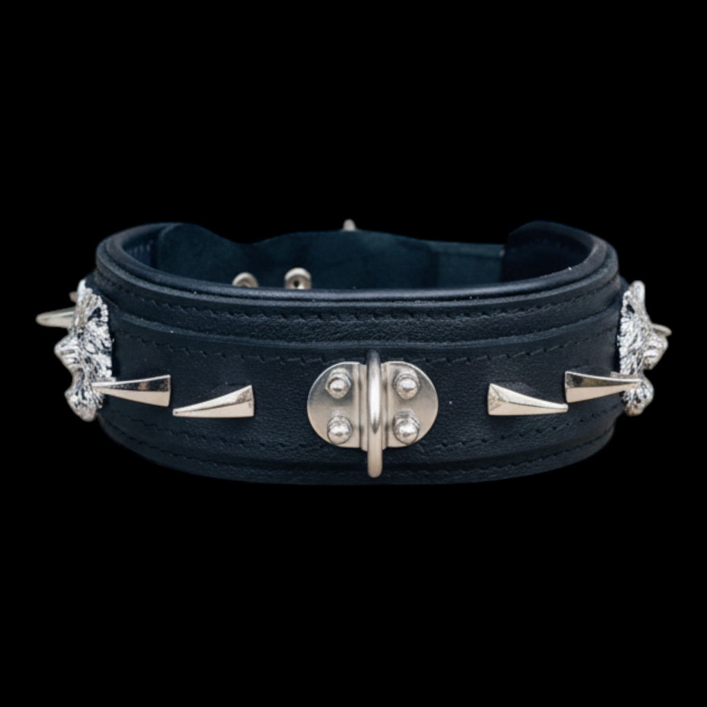A&C Dog Collars black genuine leather dog collar with wolf emblem and metal hardware for large breeds.