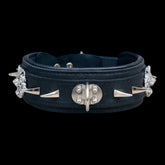 A&C Dog Collars black genuine leather dog collar with wolf emblem and metal hardware for large breeds.