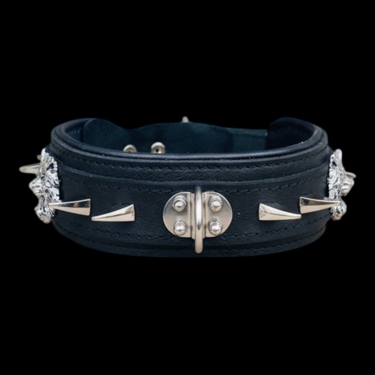 A&C Dog Collars black genuine leather dog collar with wolf emblem and metal hardware for large breeds.