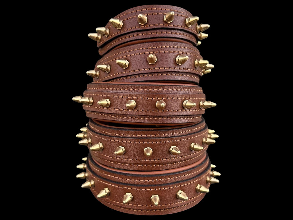 A&C Dog Collars brown buffalo leather dog collar with polished gold spikes, handcrafted for large dog breeds.