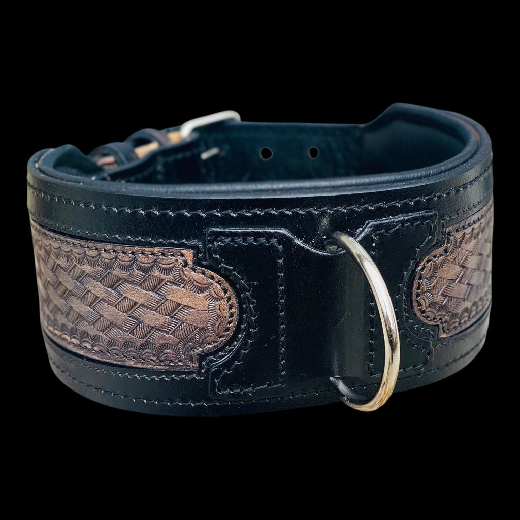 A&C Dog Collars marka, el yapımı, siyah ve kahverengi desenli, paslanmaz çelik halkalı hakiki manda derisi köpek tasması.