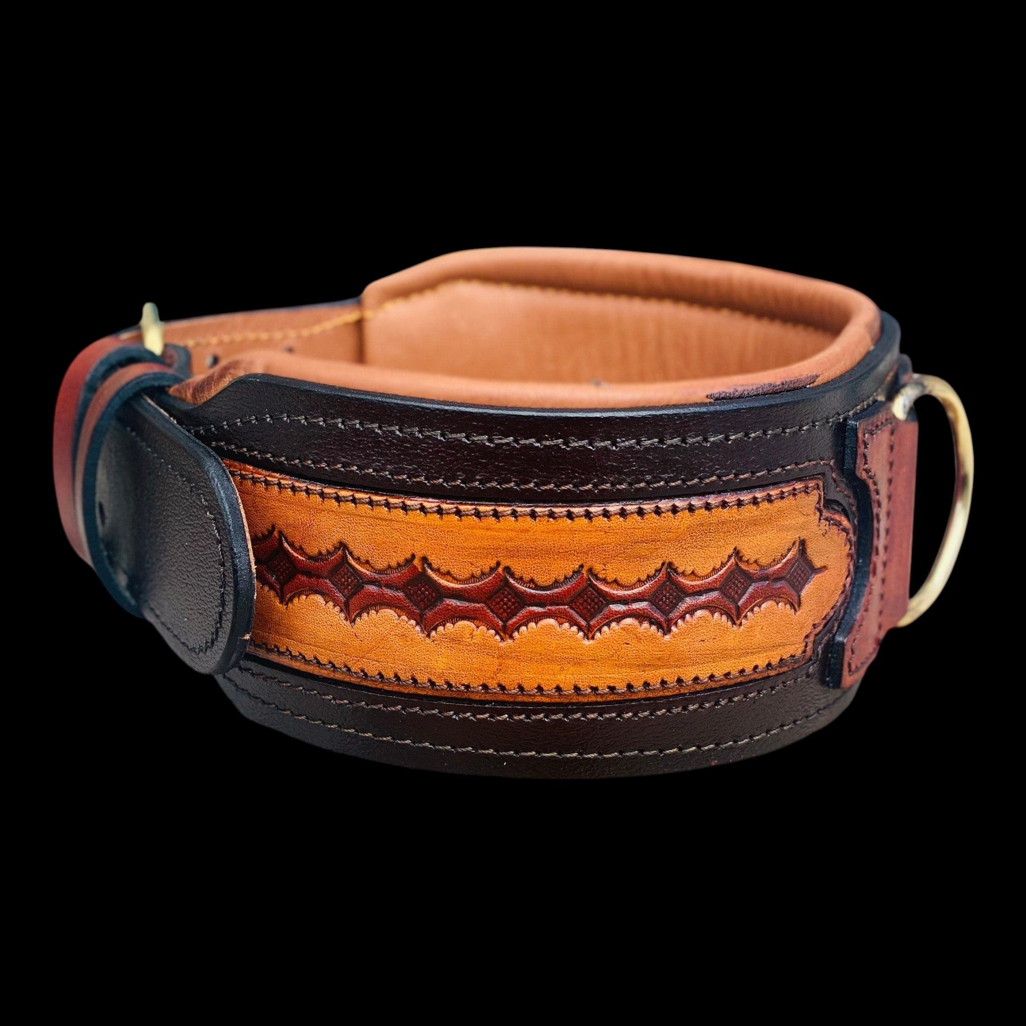 A&C Dog Collars el yapımı, kahverengi ve siyah tonlarında desenli hakiki manda derisi köpek tasması