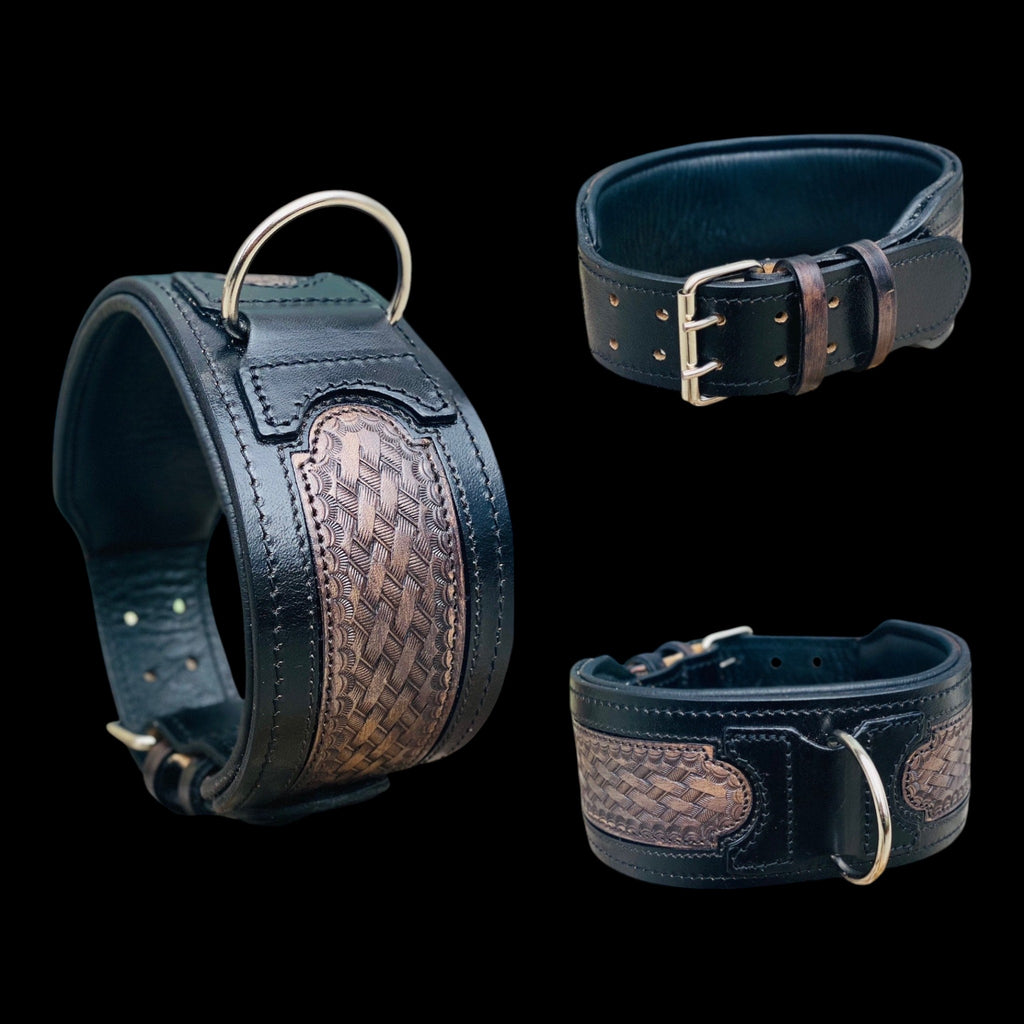 A&C Dog Collars el yapımı, siyah ve kahverengi desenli hakiki manda derisi köpek tasması, metal tokalı ve D halkalı