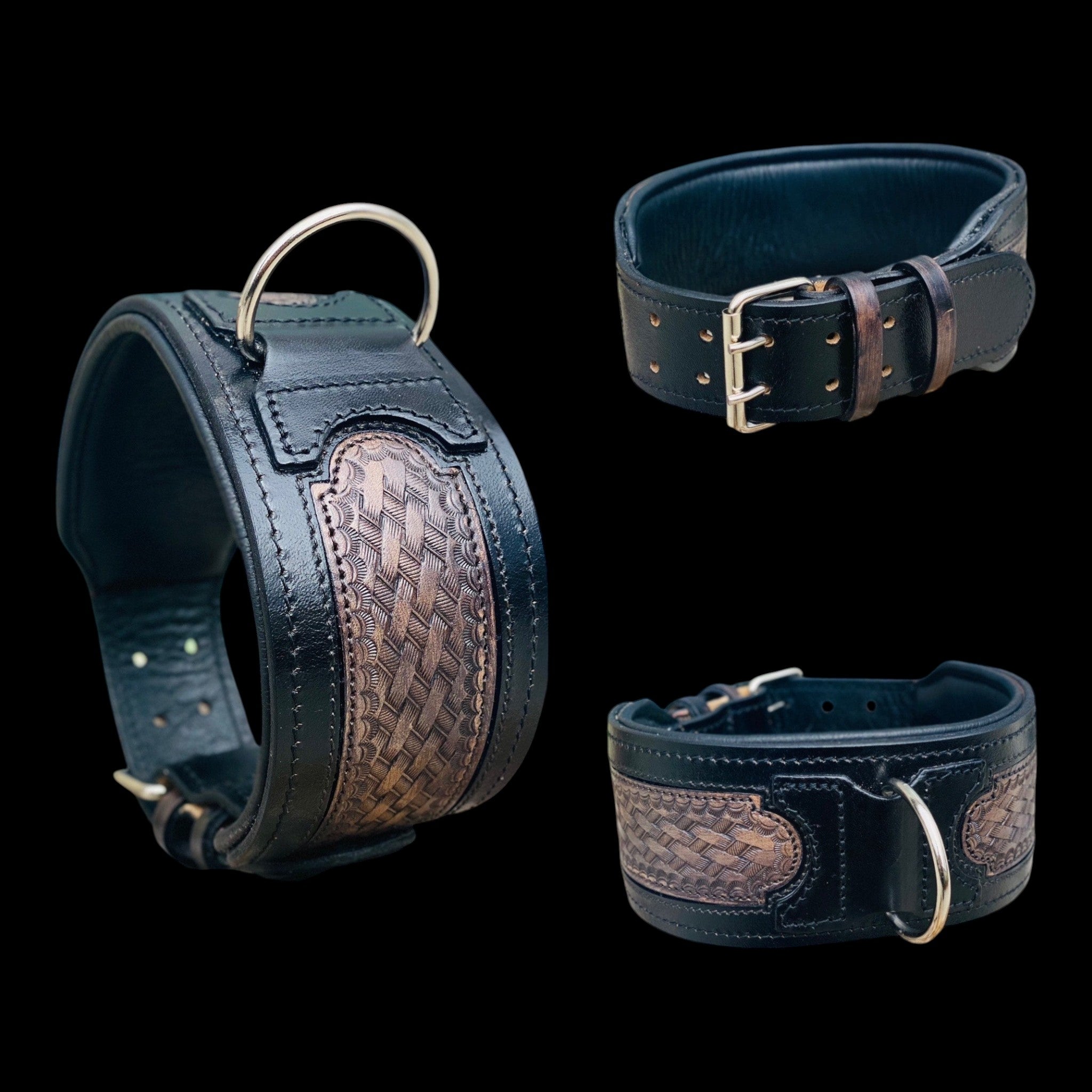 A&C Dog Collars el yapımı, siyah ve kahverengi desenli hakiki manda derisi köpek tasması, metal tokalı ve D halkalı