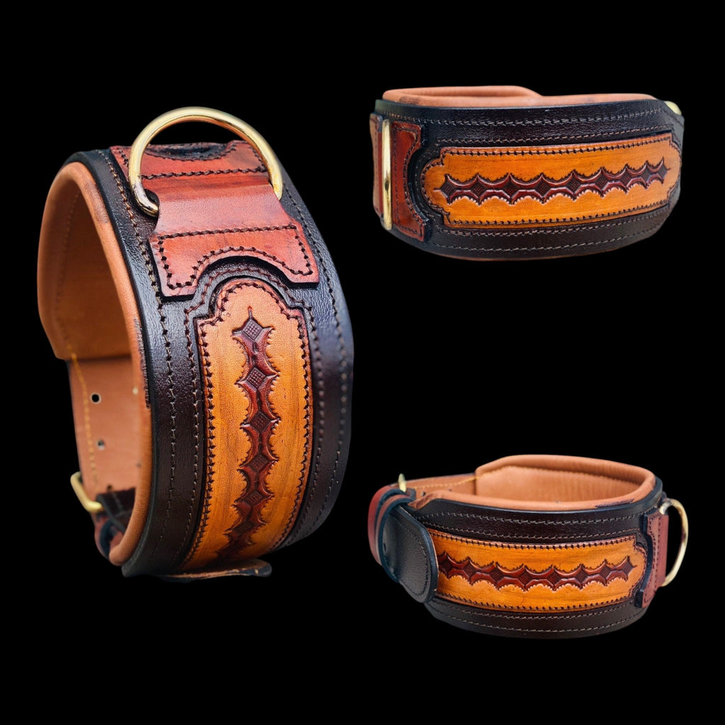 A&C Dog Collars el yapımı, kahverengi ve taba renkli, desenli hakiki manda derisi köpek tasması