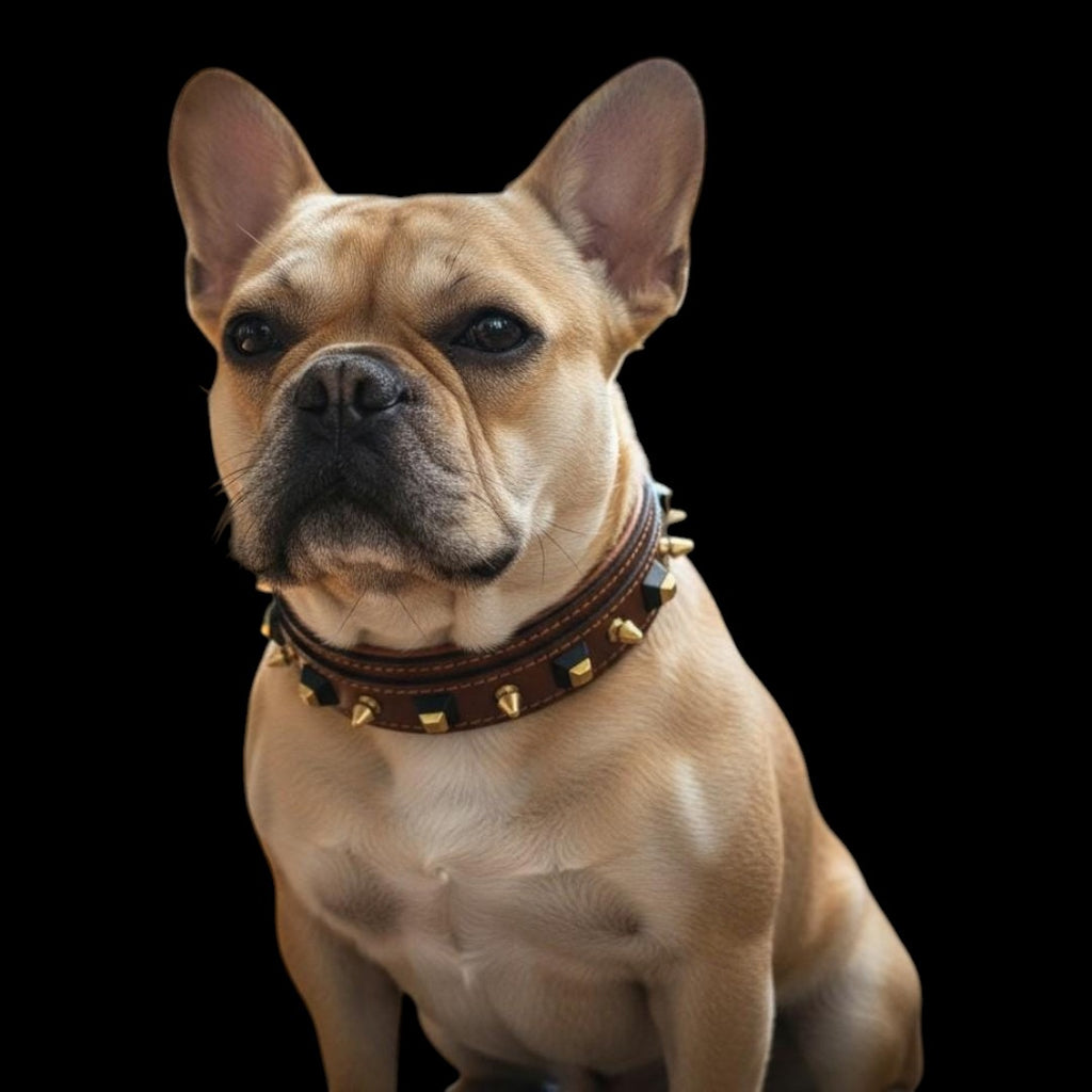 A&C Dog Collars marka, altın çivili ve siyah geometrik desenli, kahverengi manda derisi el yapımı köpek tasması.