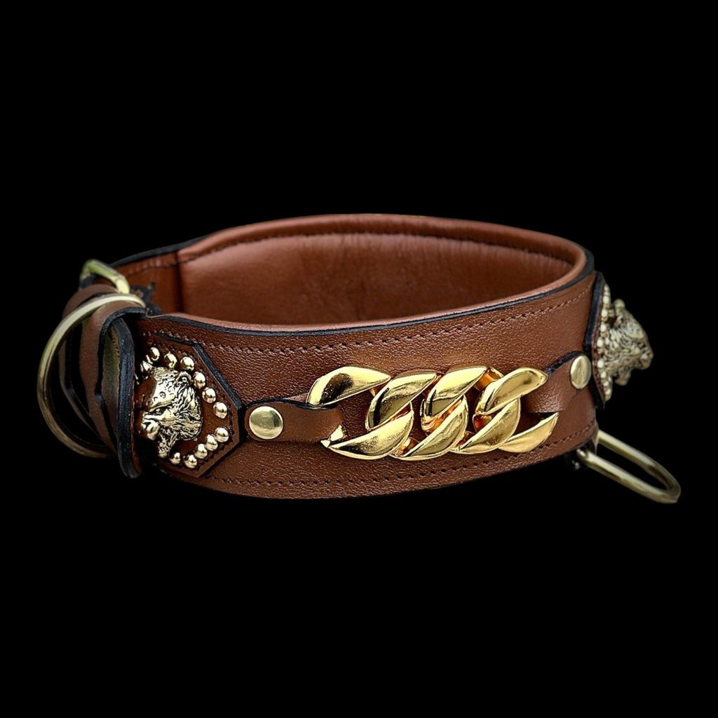 A&C Dog Collars el yapımı kahverengi deri köpek tasması, altın rengi zincir detaylı ve aslan figürlü metal aksesuarlı