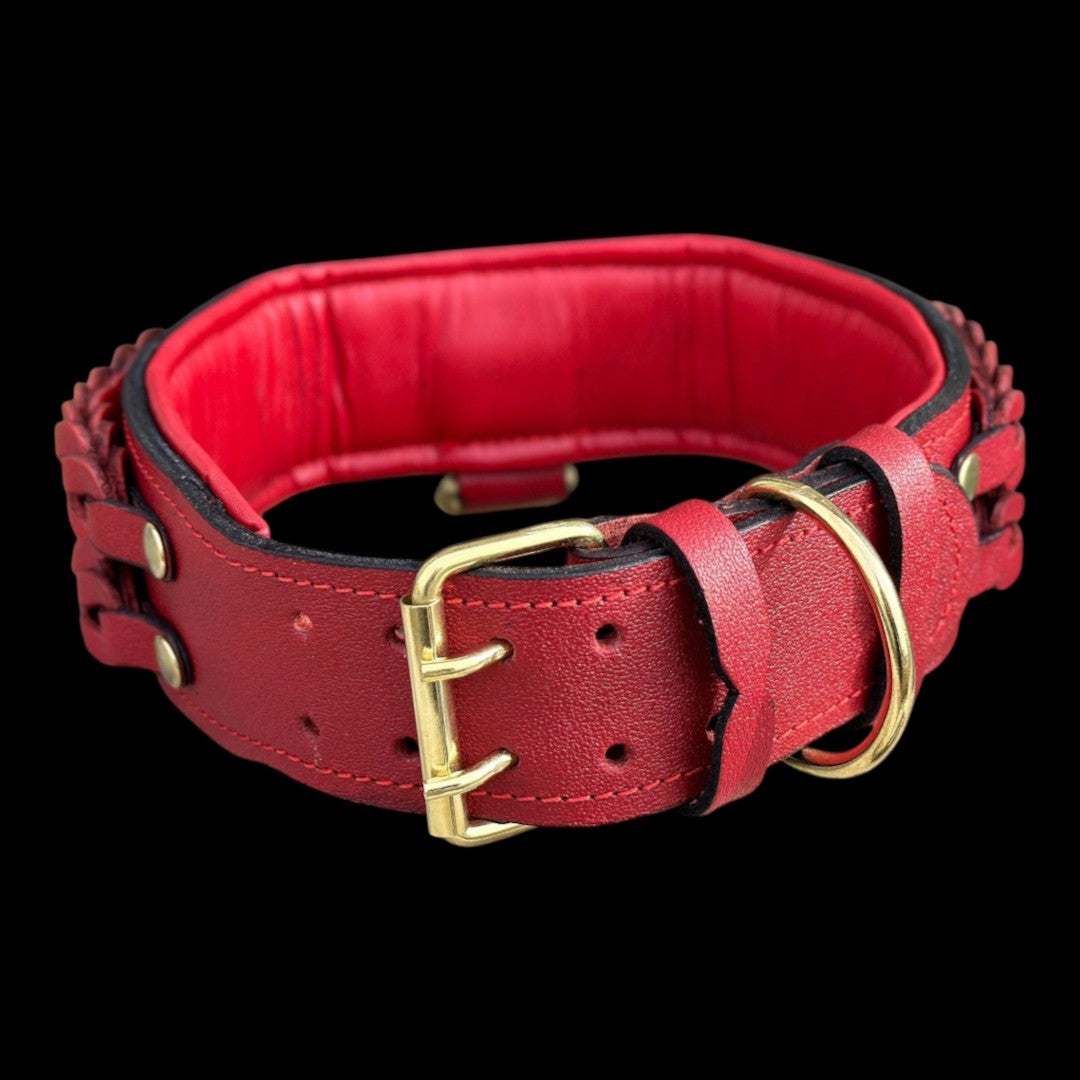 A&C Dog Collars el yapımı kırmızı manda derisi köpek tasması, pirinç tokalı ve dayanıklı dikişli tasarım.