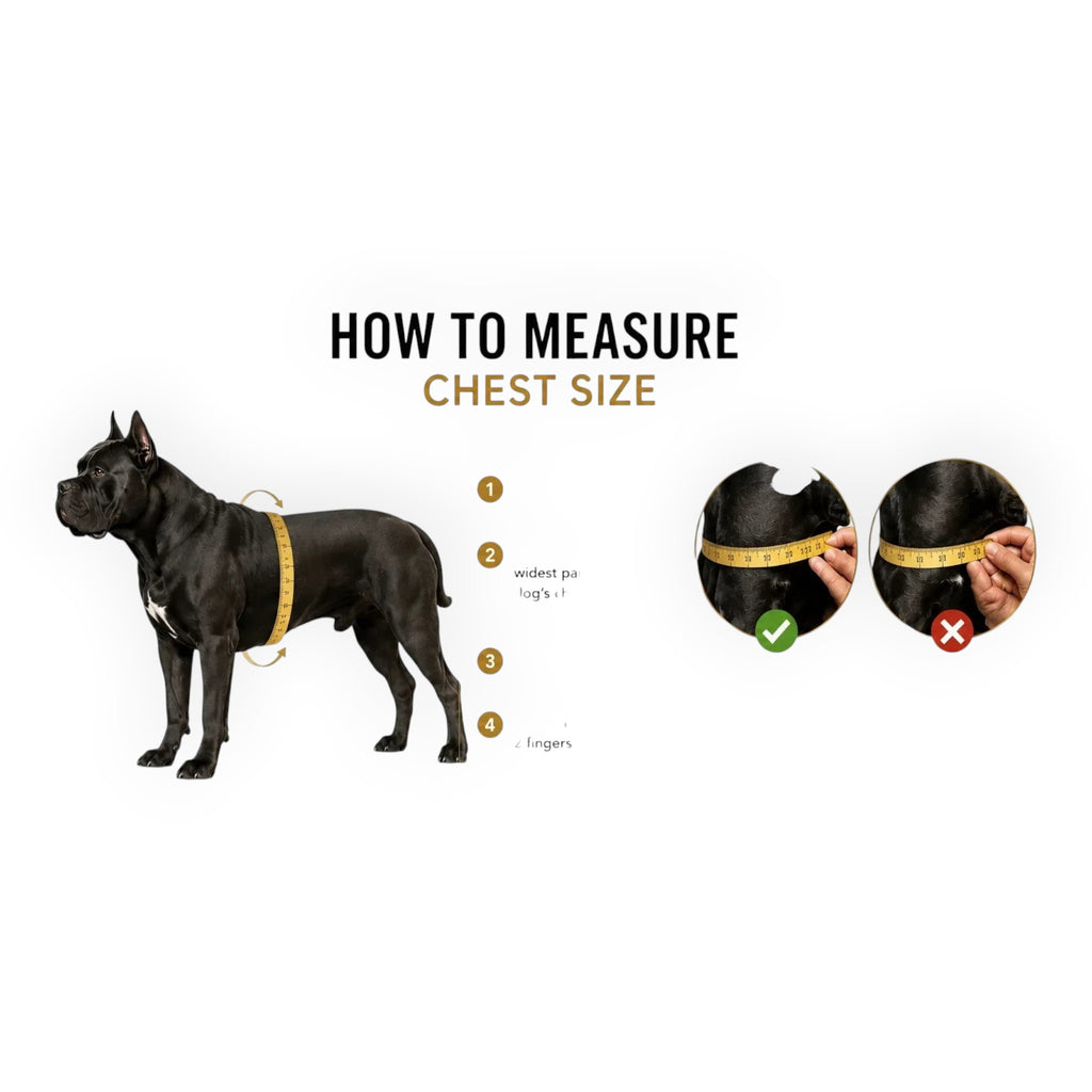A&C Dog Collars köpek göğüs ölçüsü alma rehberi, Cane Corso cinsi köpek üzerinde mezura ile doğru ölçüm gösterimi