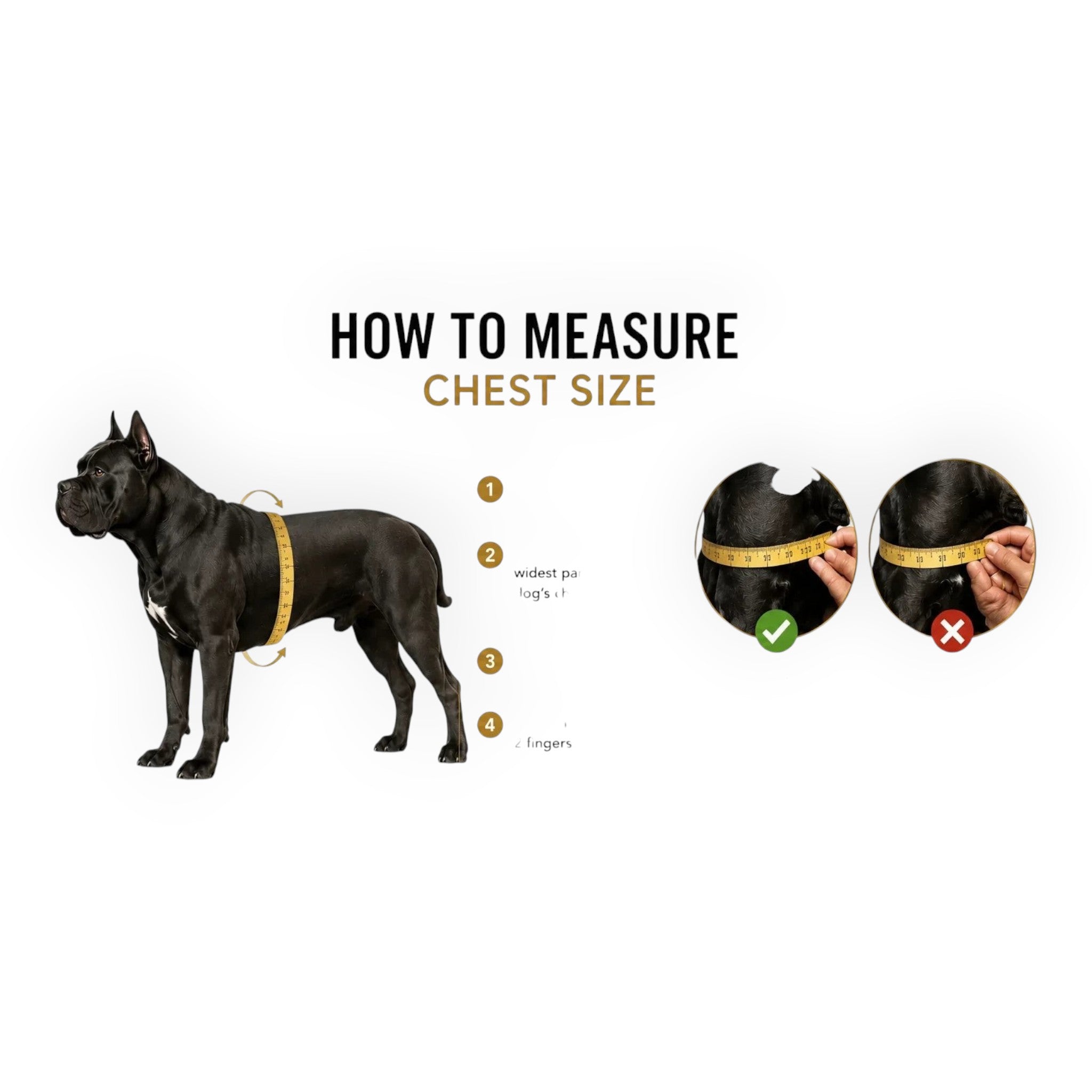 A&C Dog Collars köpek göğüs ölçüsü alma rehberi, Cane Corso cinsi köpek üzerinde mezura ile doğru ölçüm gösterimi