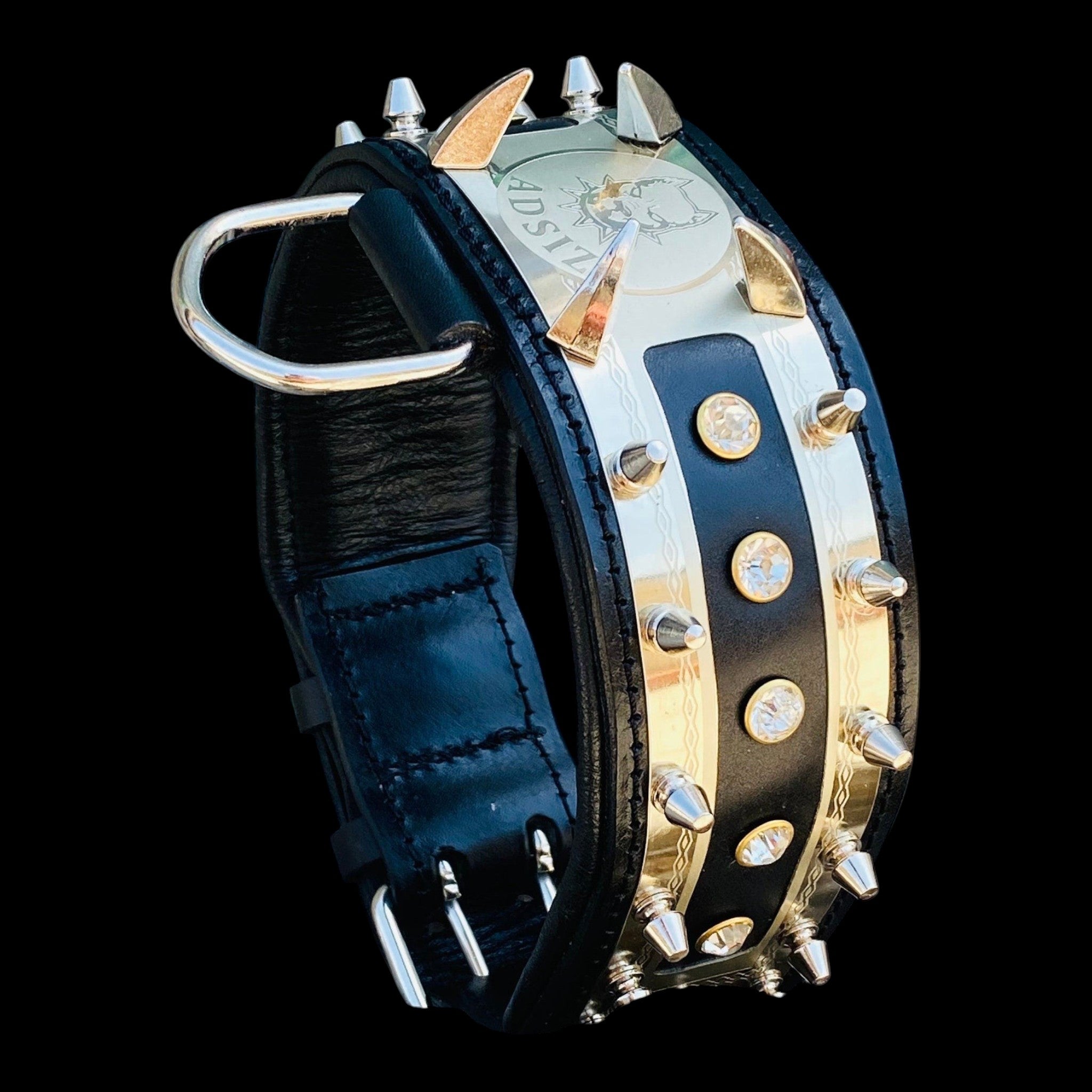 A&C Dog Collars marka, kristal taşlı ve metal çivili, siyah hakiki deri el yapımı kişiselleştirilebilir köpek tasması