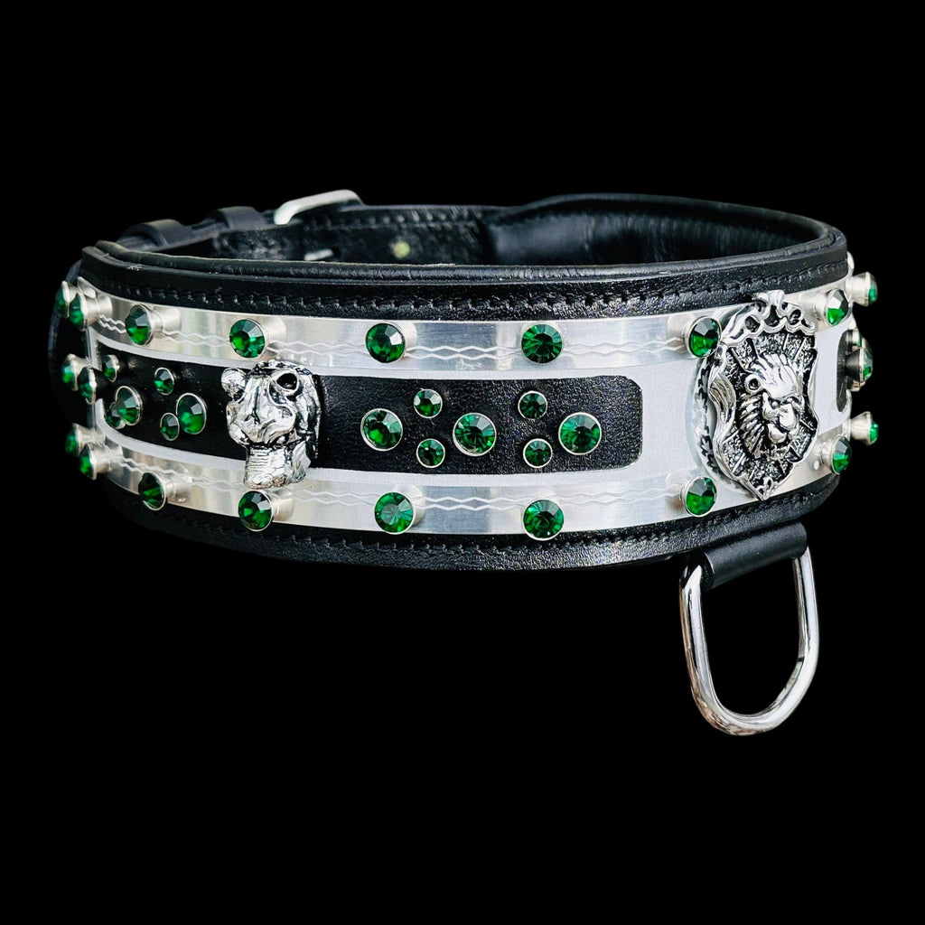 A&C Dog Collars handmade black buffalo leather dog collar featuring silver metal plates, lion emblems, and green crystals