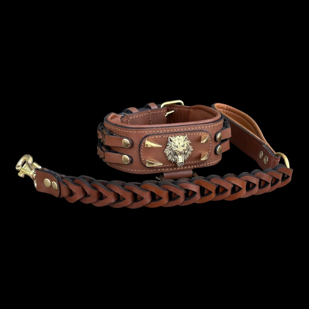 A&C Dog Collars marka, kurt figürlü ve örgülü detaylara sahip, büyük ırklar için el yapımı kahverengi deri köpek tasması.