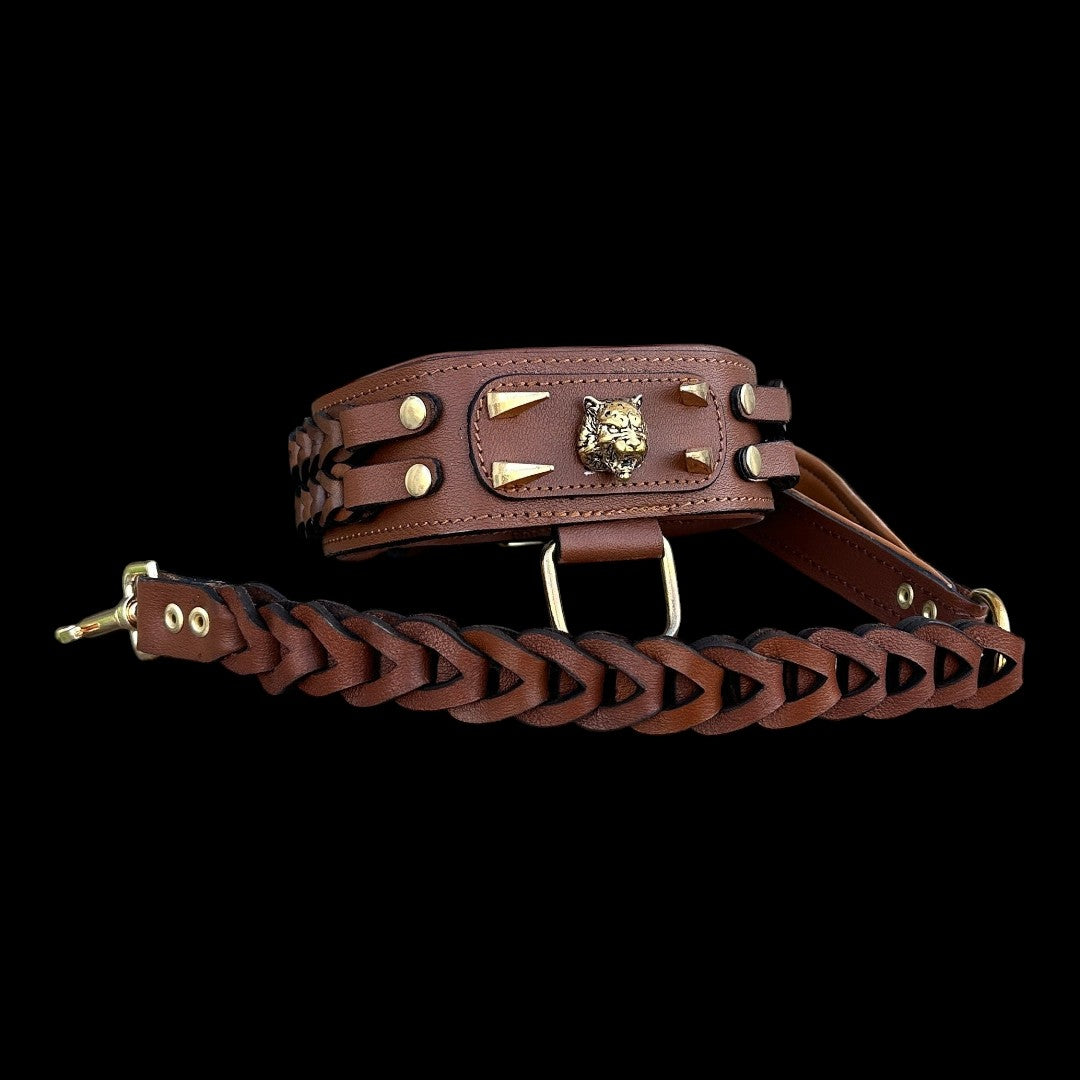 A&C Dog Collars el yapımı kahverengi örgülü deri köpek tasması, kurt amblemi ve çelik donanımlı büyük ırklar için