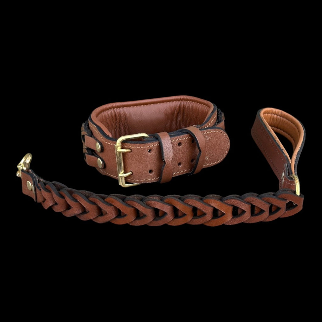 A&C Dog Collars el yapımı, kahverengi örgülü deri köpek tasması ve uyumlu deri tasma kayışı, büyük ırklar için