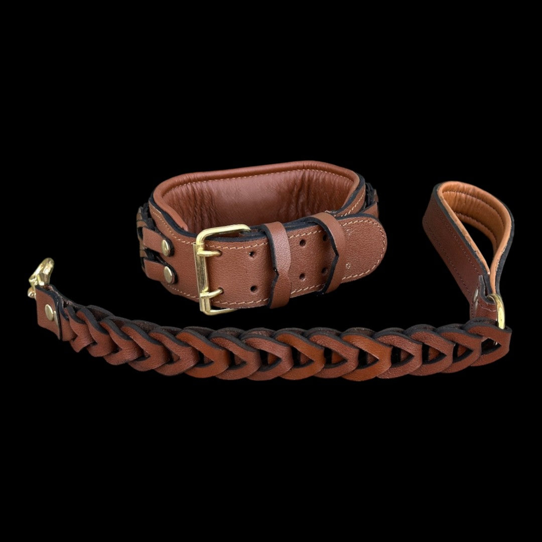 A&C Dog Collars el yapımı, kahverengi örgülü deri köpek tasması ve uyumlu deri tasma kayışı, büyük ırklar için