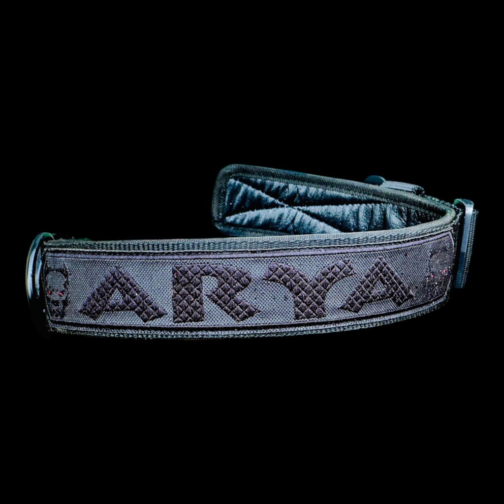 A&C Dog Collars marka, üzerinde ARYA yazılı, siyah naylon ve buffalo derisi detaylı, kişiselleştirilmiş köpek tasması