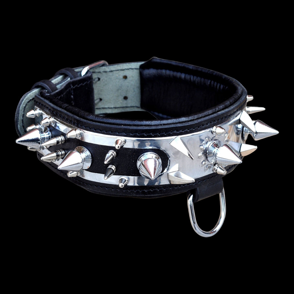 A&C Dog Collars el yapımı siyah manda derisi, metal çivili ve paslanmaz krom detaylı şık köpek tasması