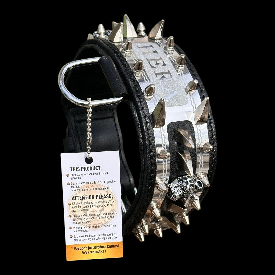 A&C Dog Collars marka, üzerinde HERA yazılı metal isim plakası ve sivri uçlu çiviler bulunan siyah deri köpek tasması.