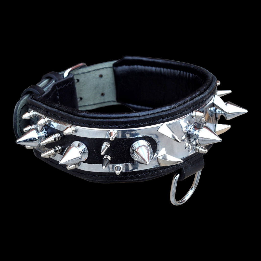 A&C Dog Collars el yapımı siyah manda derisi çivili köpek tasması, paslanmaz krom detaylı ve metal isim plakalı.