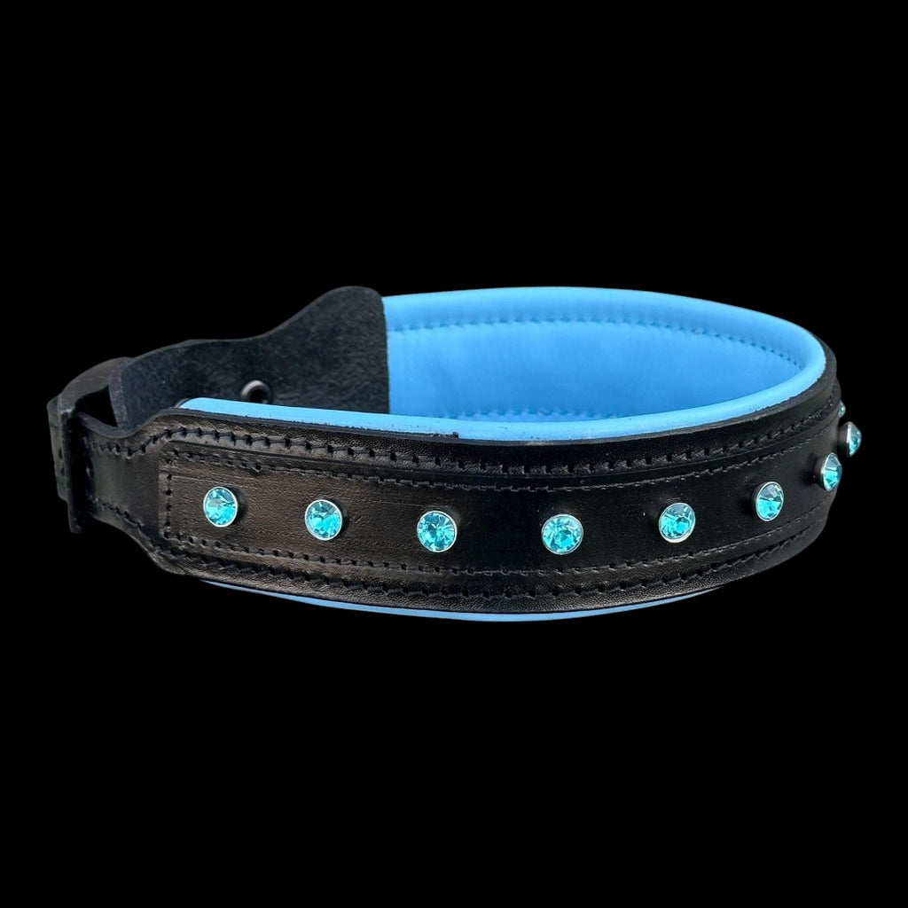 A&C Dog Collars marka, siyah manda derisi, mavi kristal taşlı ve gök mavisi astarlı geniş el yapımı köpek tasması.