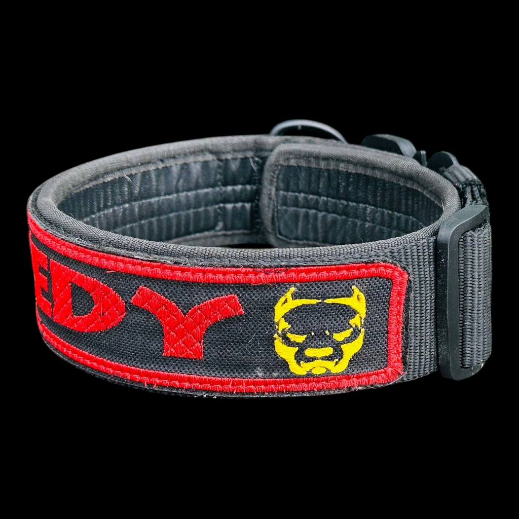 A&C Dog Collars marka, üzerinde kırmızı yazı ve sarı pitbull figürü bulunan siyah dayanıklı naylon köpek tasması