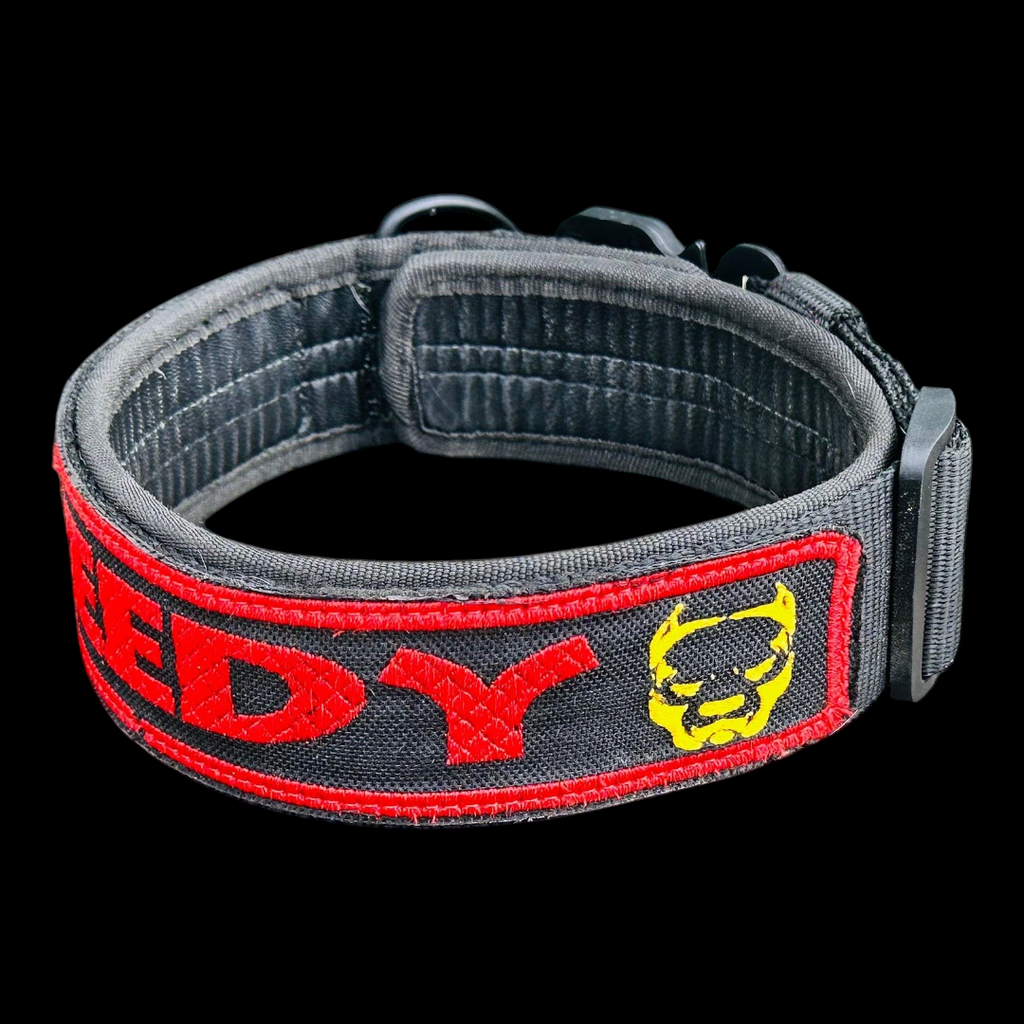 A&C Dog Collars marka, üzerinde kırmızı nakışlı isim ve sarı köpek figürü bulunan siyah dayanıklı naylon köpek tasması