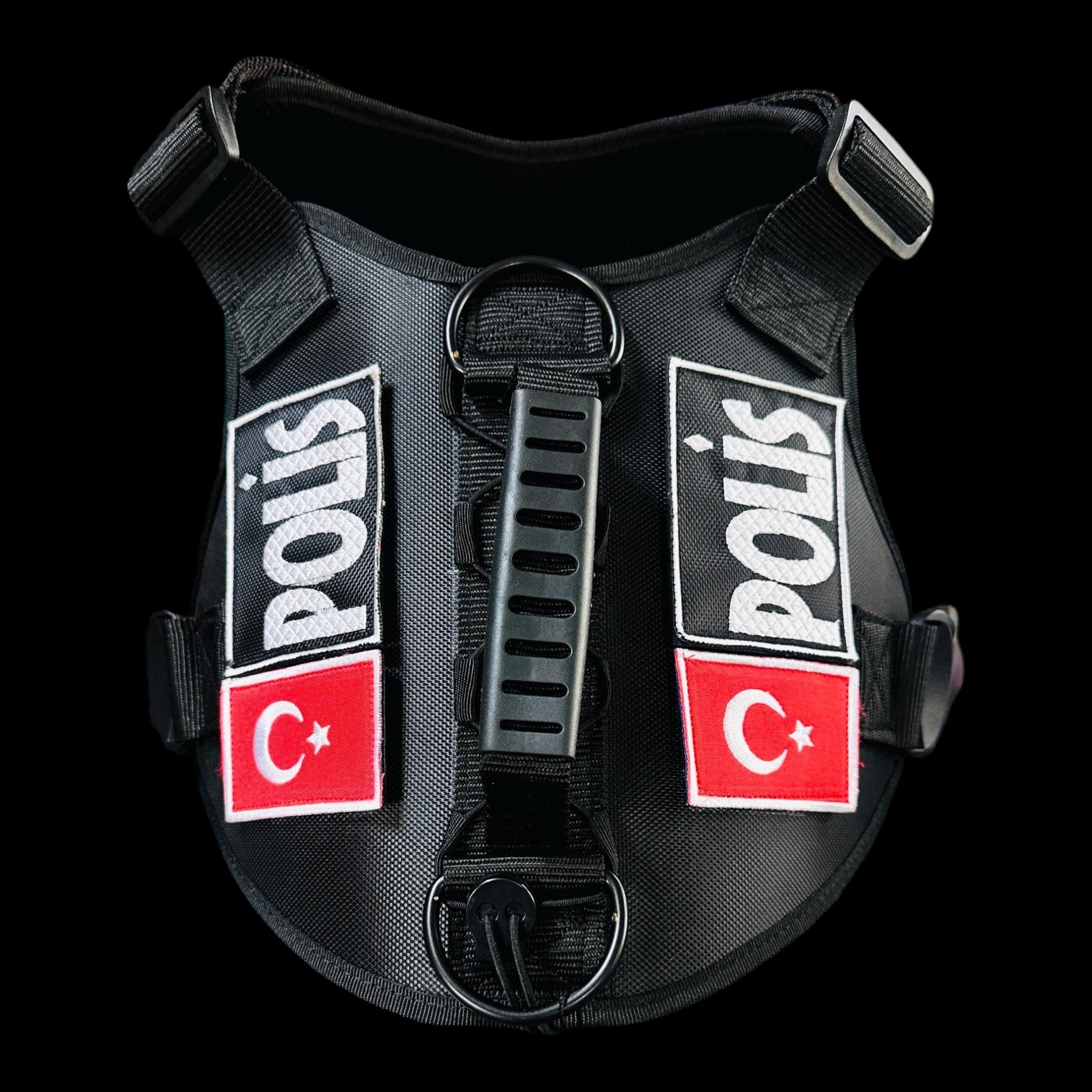 A&C Dog Collars siyah taktik köpek göğüs tasması, üzerinde Polis yazısı ve Türk bayrağı yamaları ile dayanıklı naylon