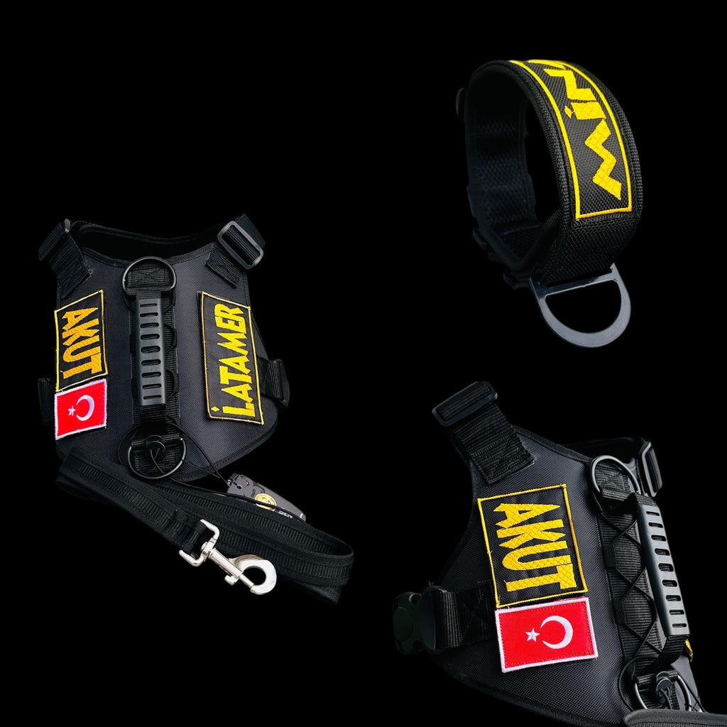 A&C Dog Collars kişiselleştirilebilir siyah naylon taktik köpek göğüs tasması, tasma ve yaka seti, sarı nakışlı