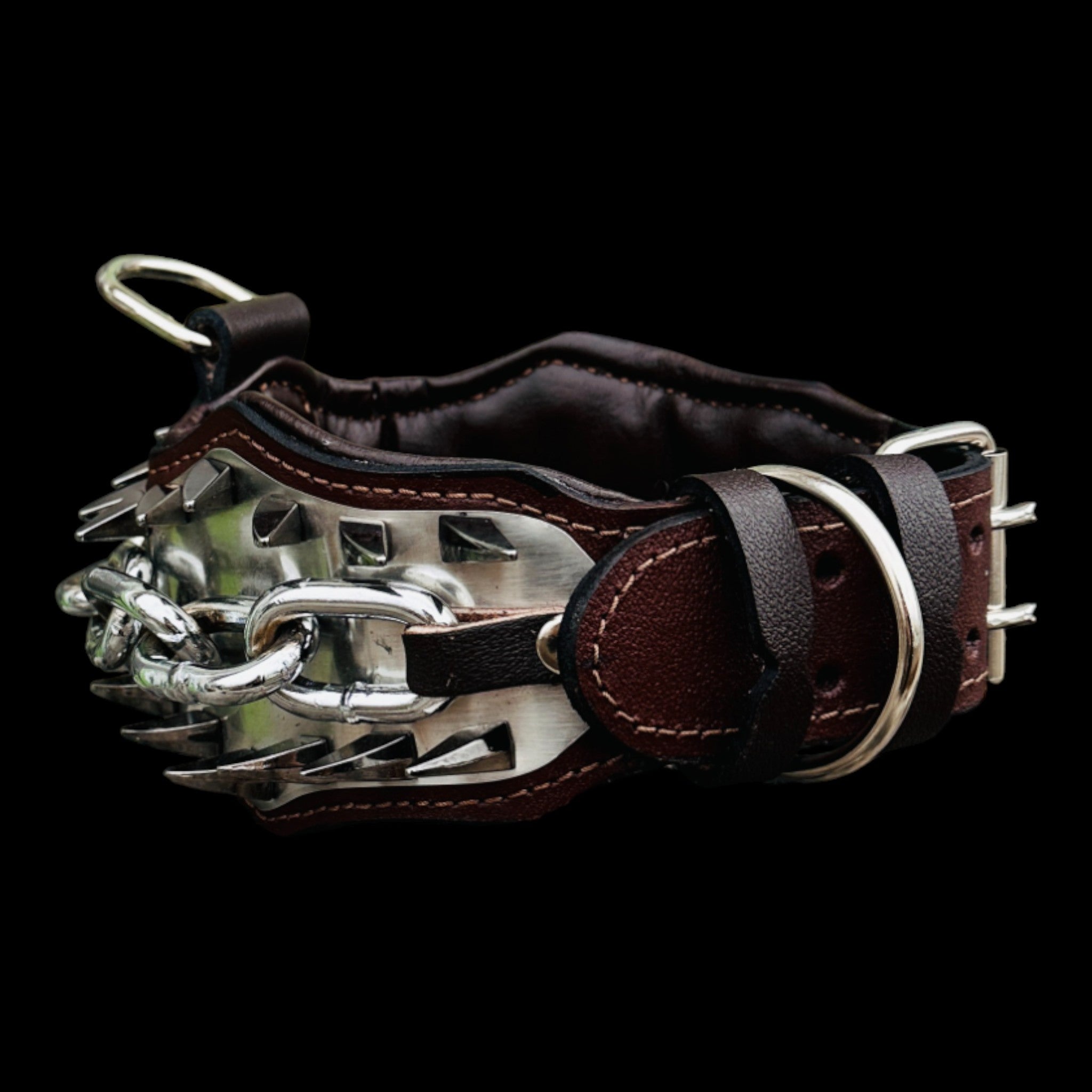 Chrome chain and stainless steel spiked dog collar.