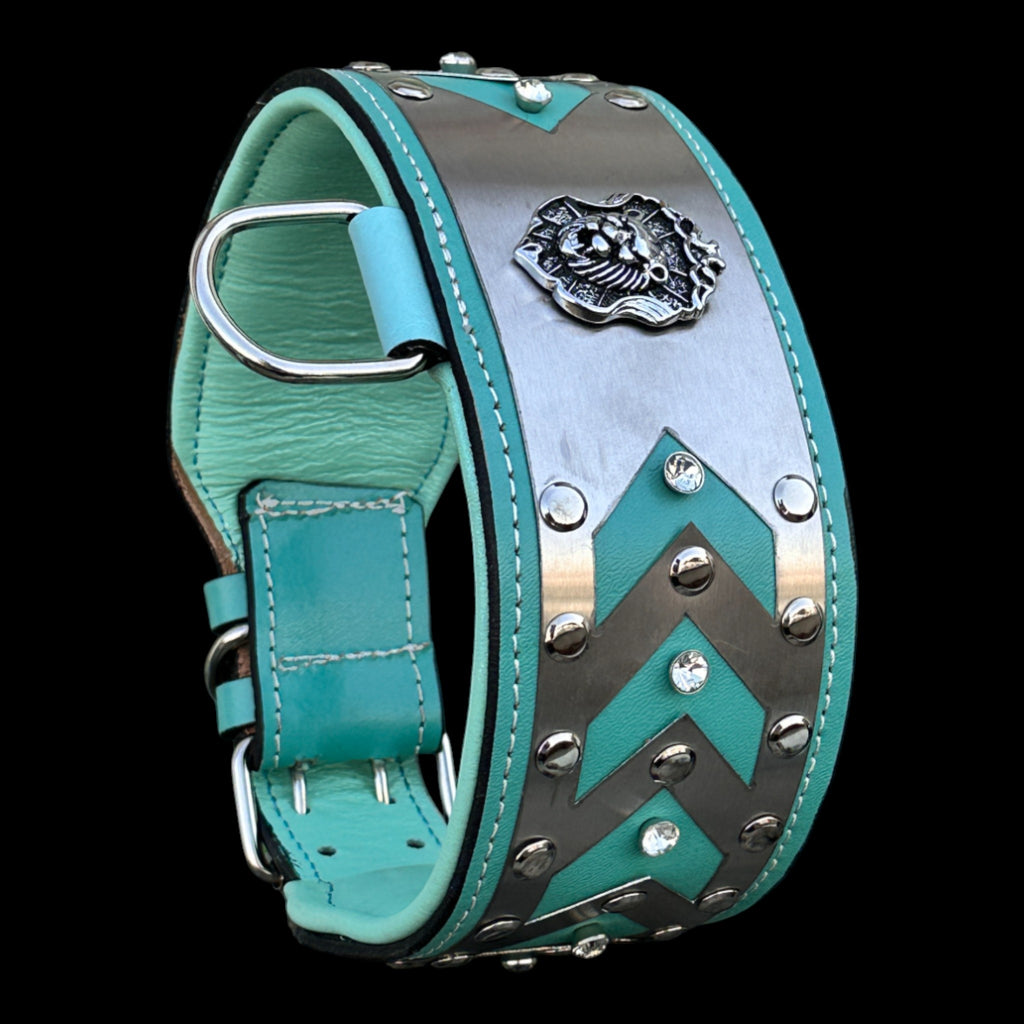 Turquoise steel handmade leather dog collar