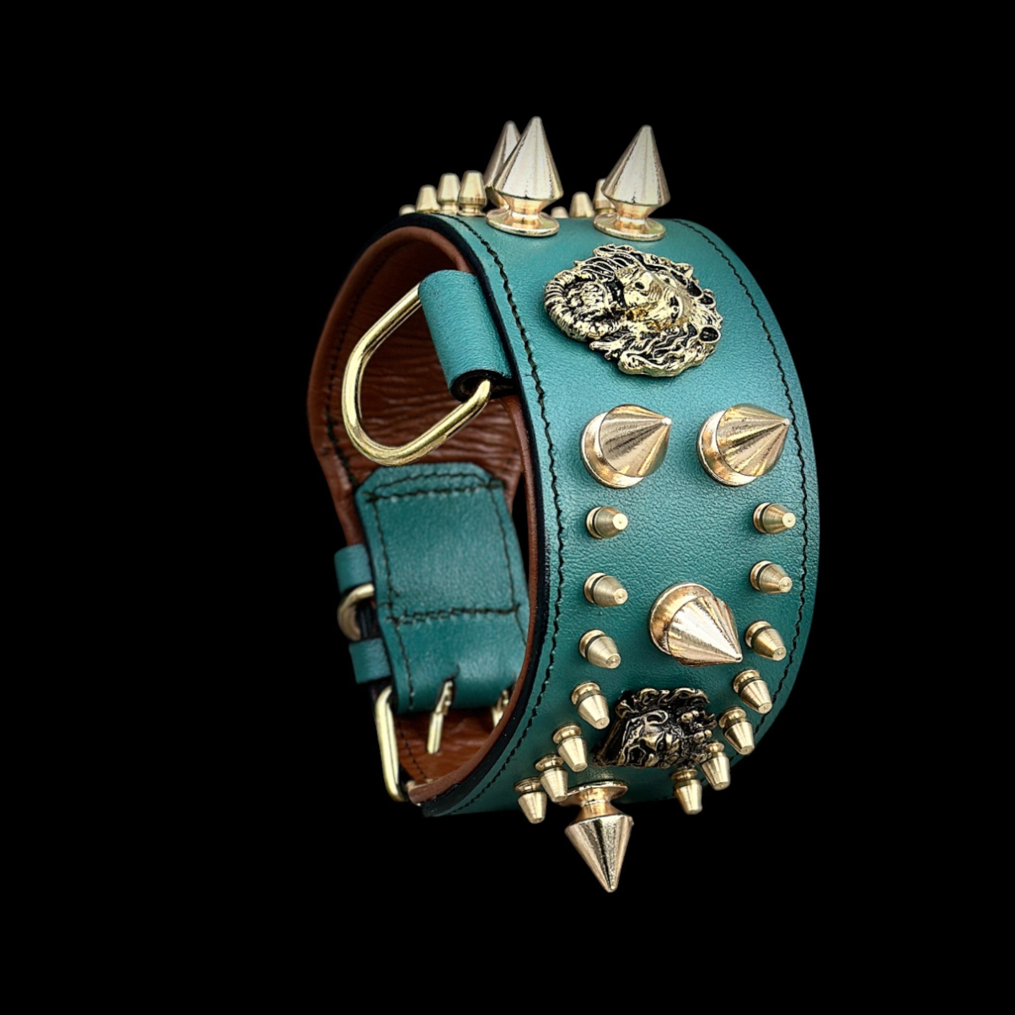 Handcrafted Green Leather Dog Collar – Lion Head Design with Gold Spikes