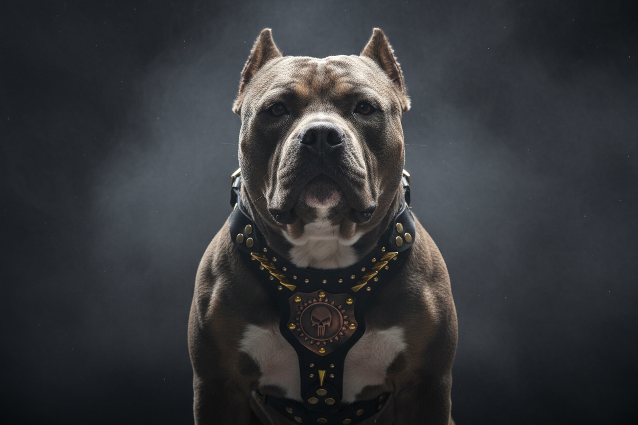 American Bully ile Siyah Göğüs Tasması