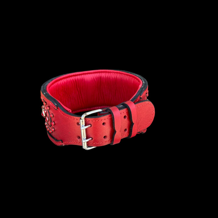 Handcrafted Red Leather Dog Collar – Wide & Thick Crystal Studded - A&C Dog Collars