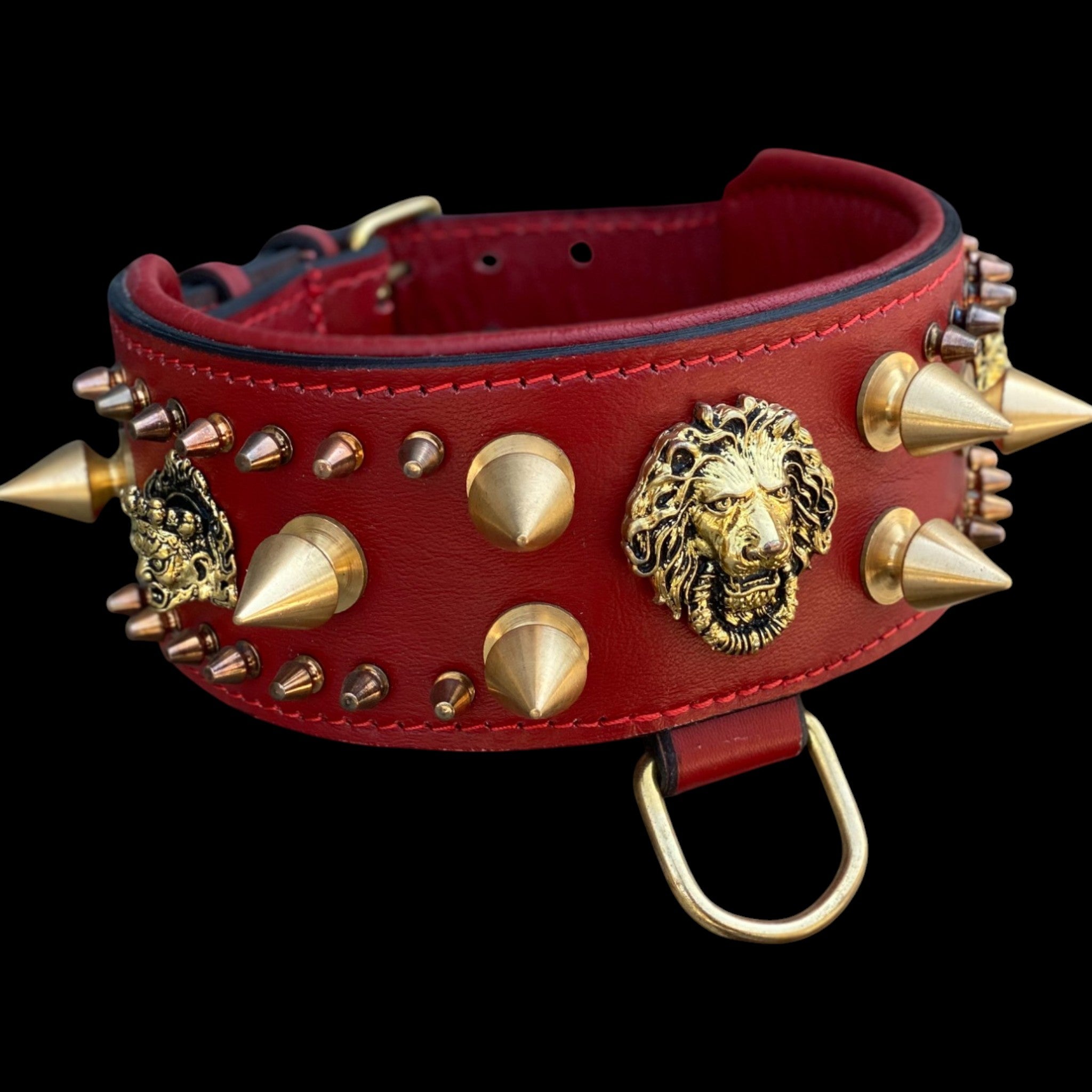 Handcrafted Red Leather Dog Collar – Lion Head Design with Gold Spikes, Wide Strong Collar for Cane Corso, Rottweiler, Doberman, Kangal, American Bully