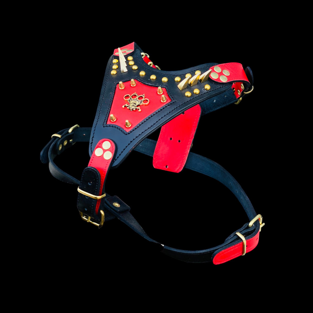 Red and black buffalo leather dog harness with gold spikes