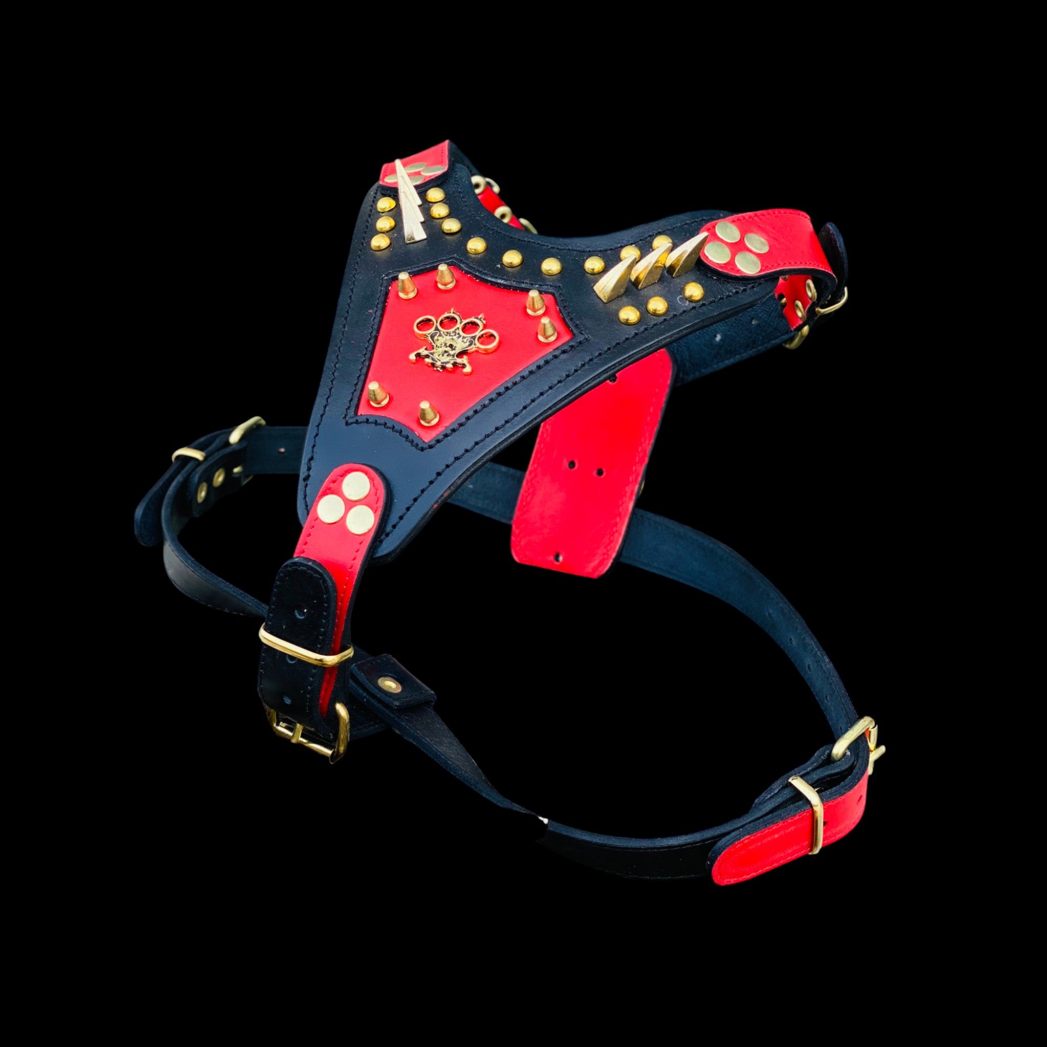 Red and black buffalo leather dog harness with gold spikes