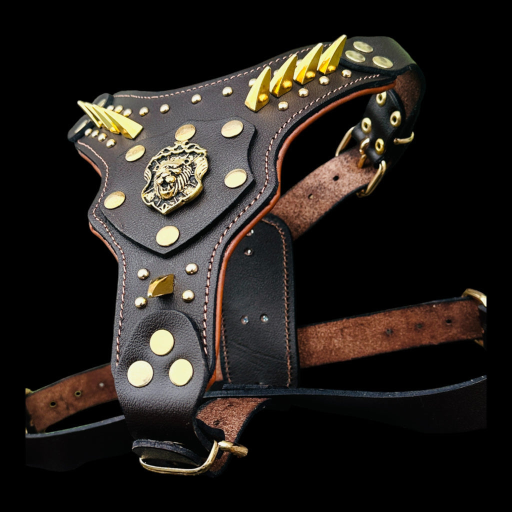 Handmade buffalo leather dog harness with gold lion emblem