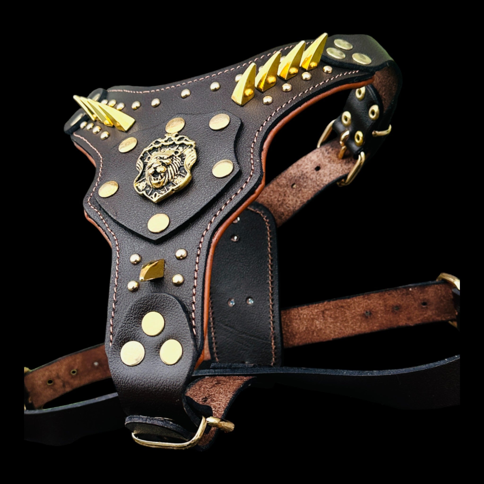 Handmade buffalo leather dog harness with gold lion emblem