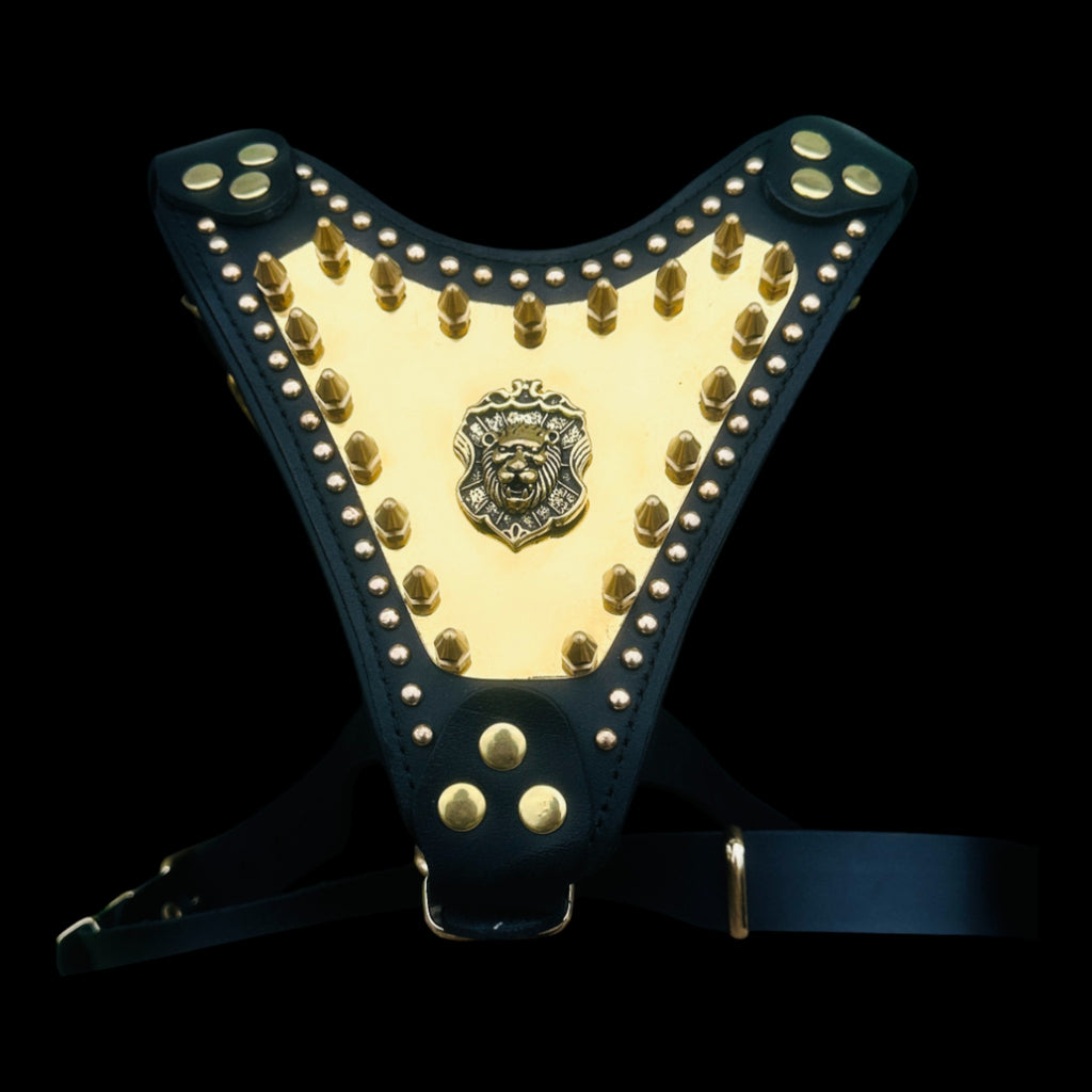 Handmade Luxury Dog Chest Harness with Gold Lion Logo – For Large Breeds