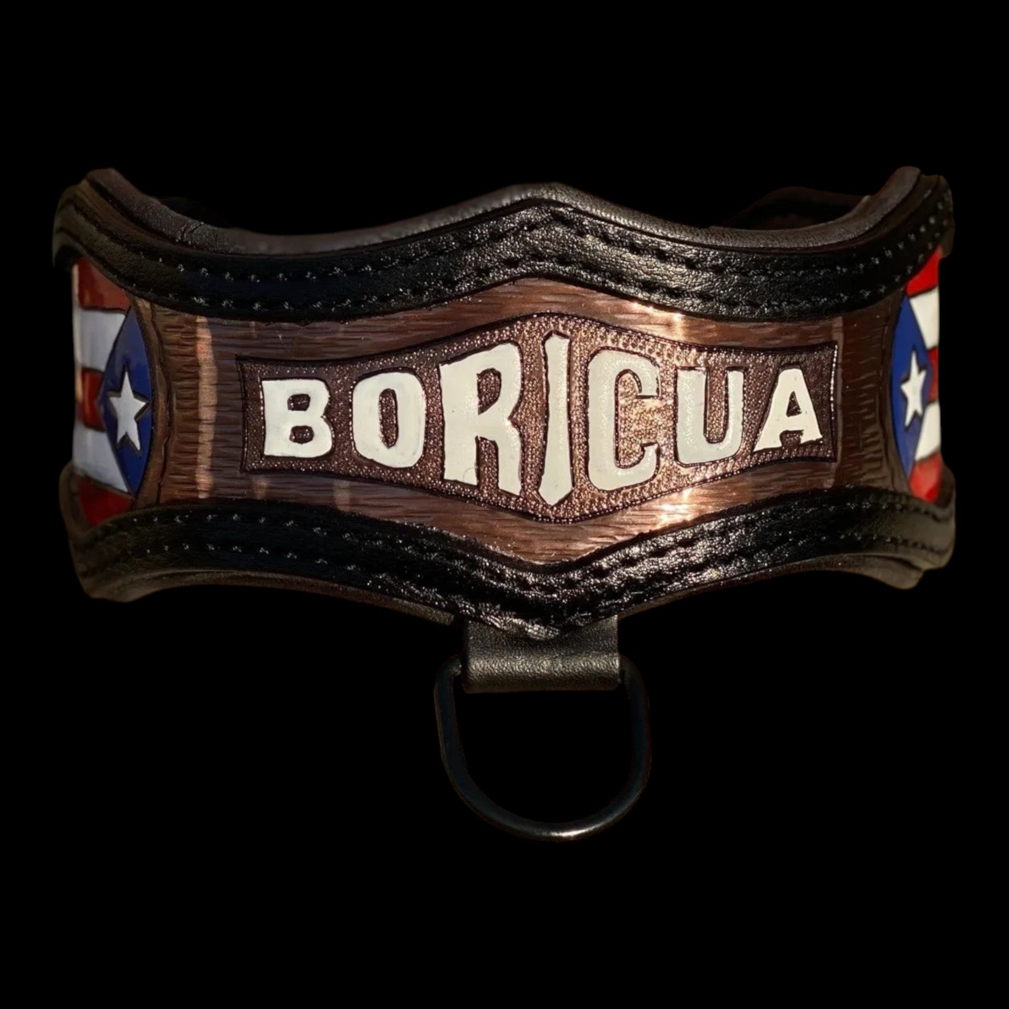 Handmade asymmetric leather dog collar with hand-tooled copper details, personalized design and heavy-duty hardware for large and powerful dogs.