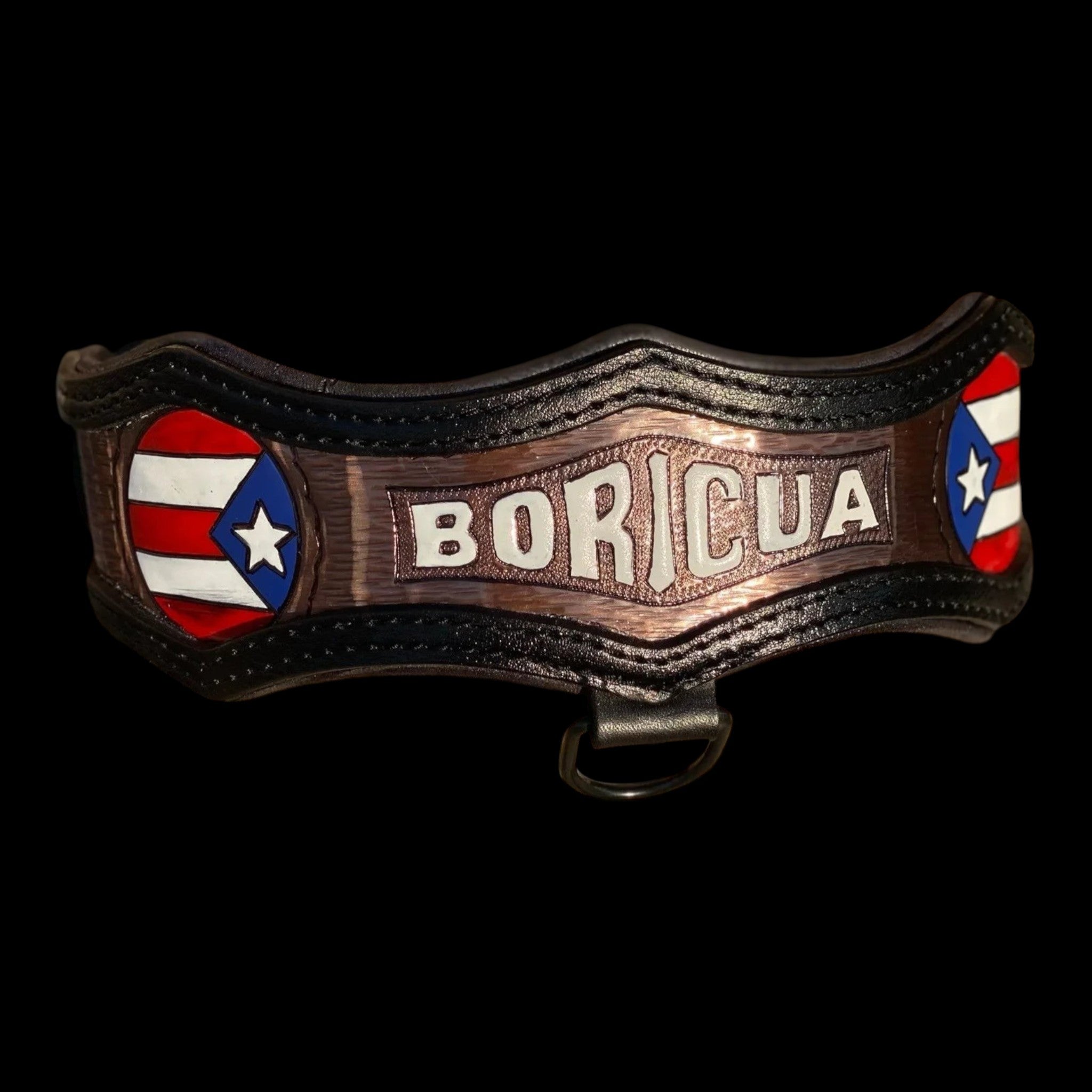 Handmade asymmetric leather dog collar with hand-tooled copper details, personalized design and heavy-duty hardware for large and powerful dogs.