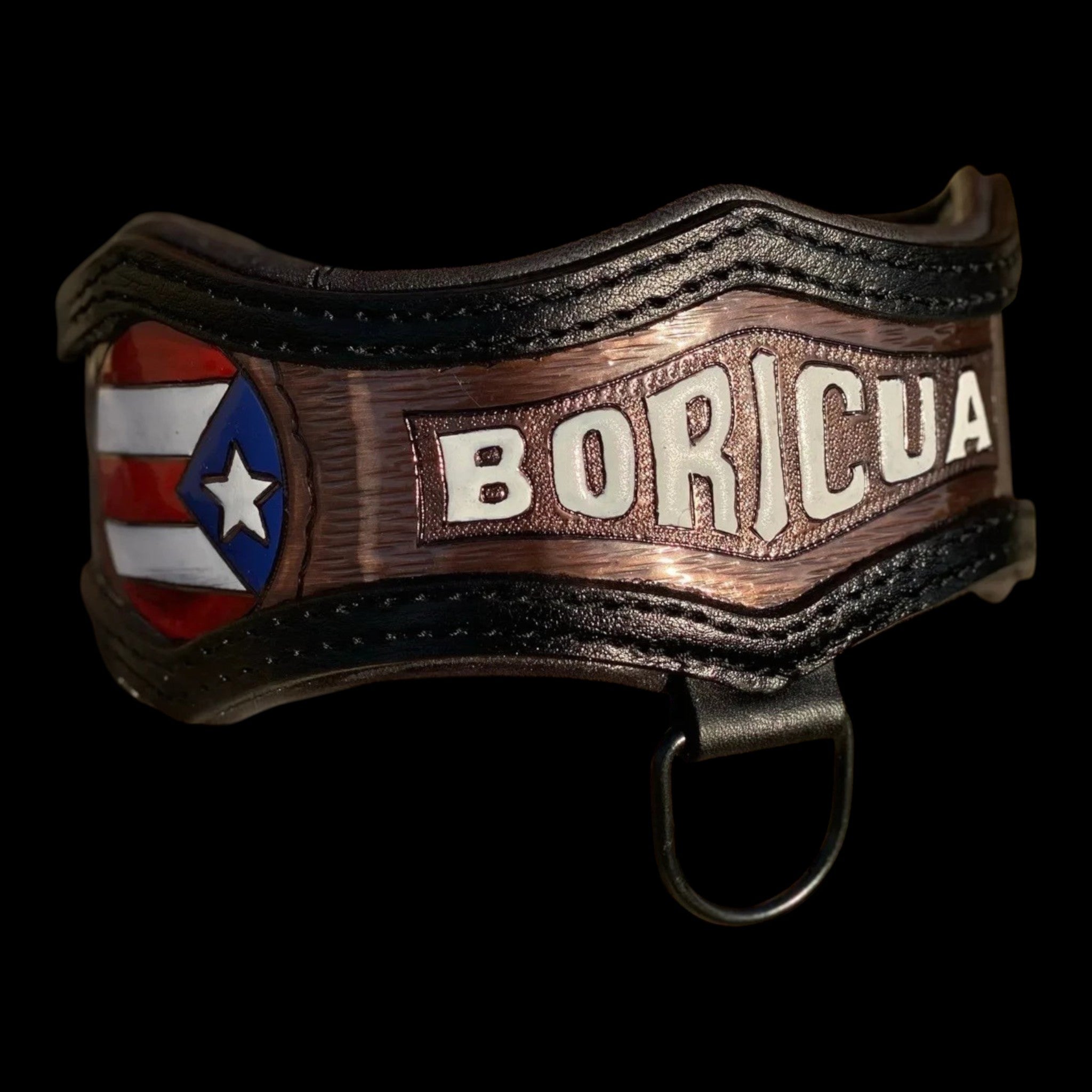 Handmade asymmetric leather dog collar with hand-tooled copper details, personalized design and heavy-duty hardware for large and powerful dogs.