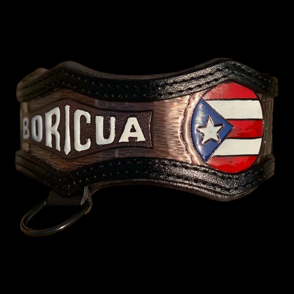 Handmade asymmetric leather dog collar with hand-tooled copper details, personalized design and heavy-duty hardware for large and powerful dogs.