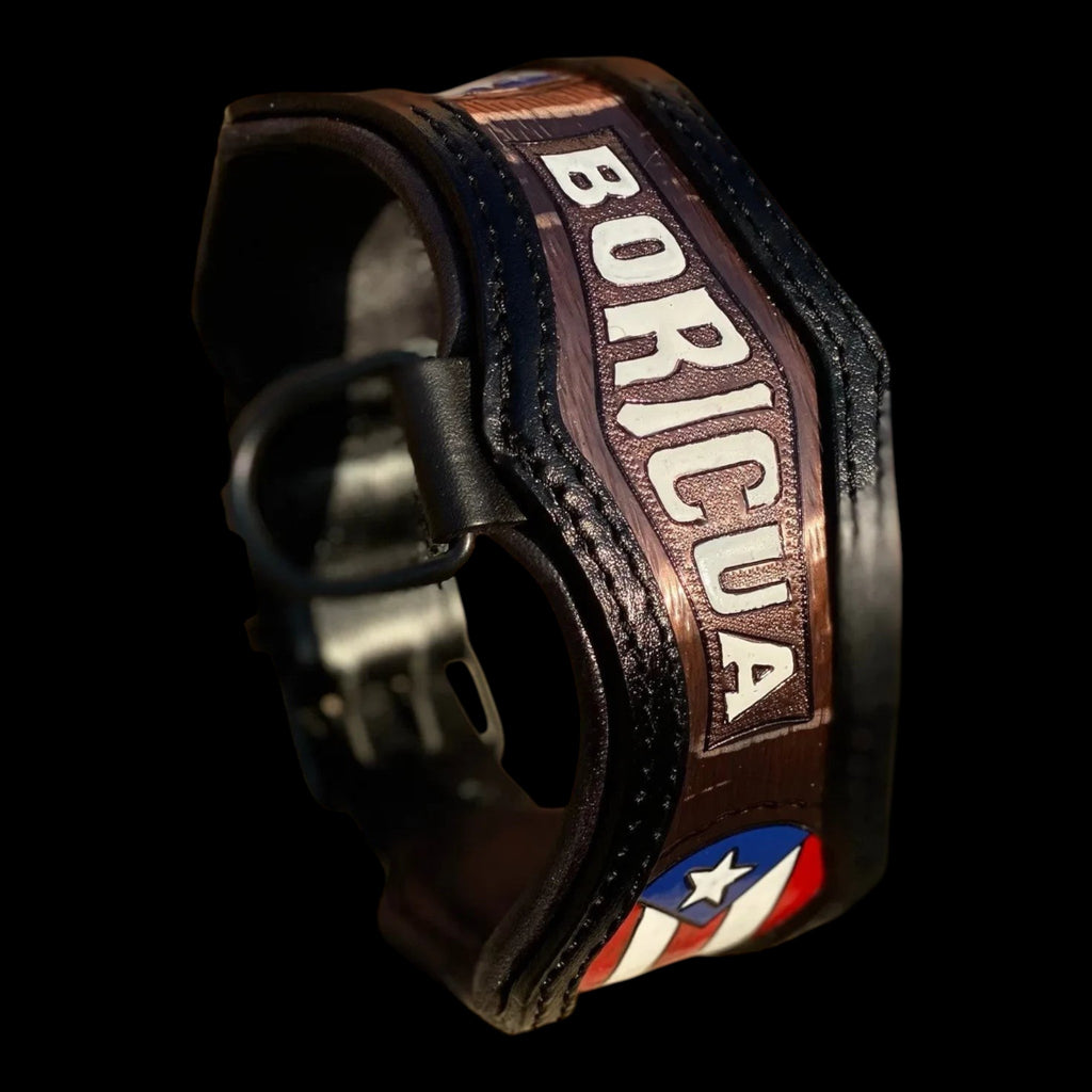 Handmade asymmetric leather dog collar with hand-tooled copper details, personalized design and heavy-duty hardware for large and powerful dogs.